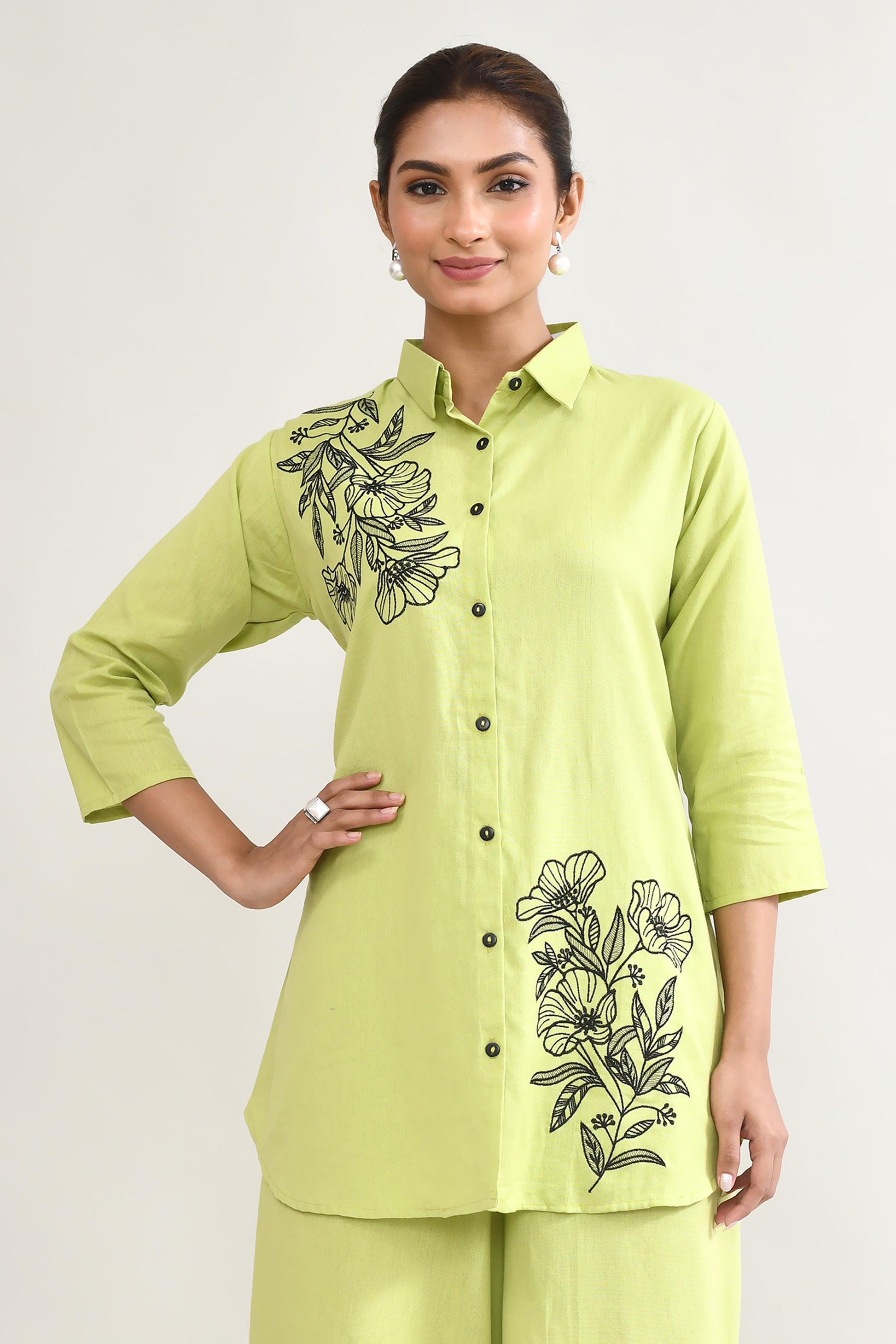Green Linen Cord Set with Embroidery