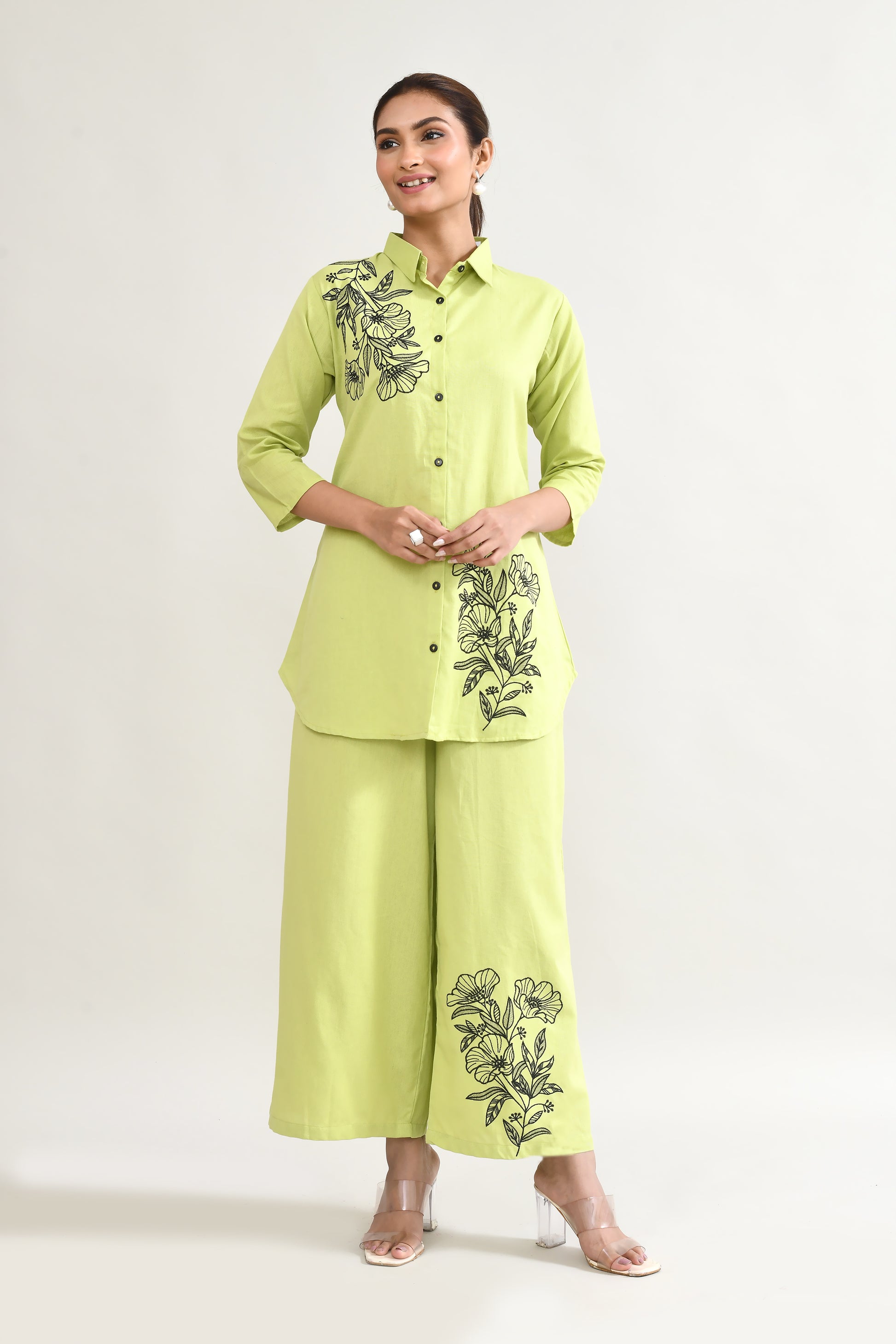 Green Linen Cord Set with Embroidery