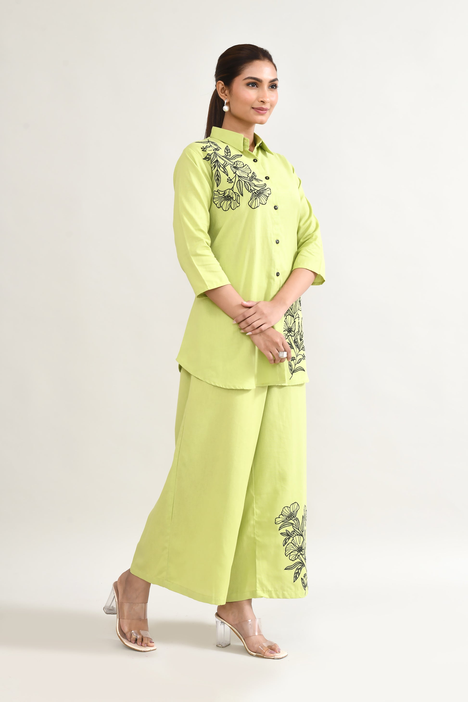 Green Linen Cord Set with Embroidery