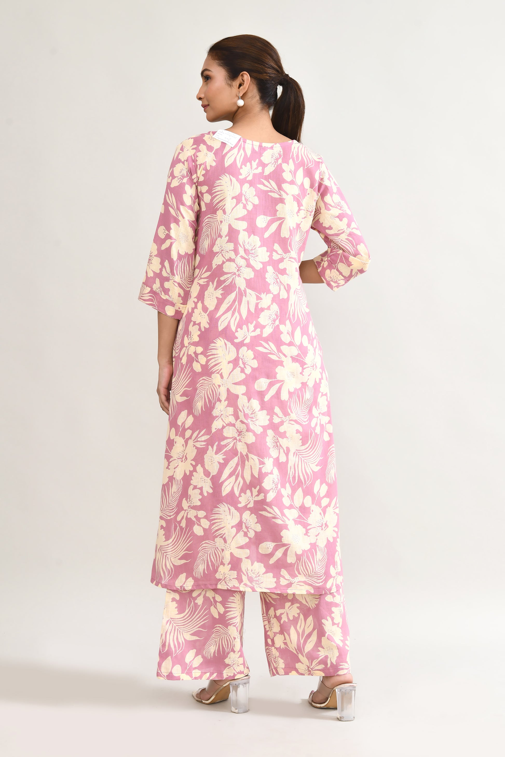 Pink Linen Printed Cord Set