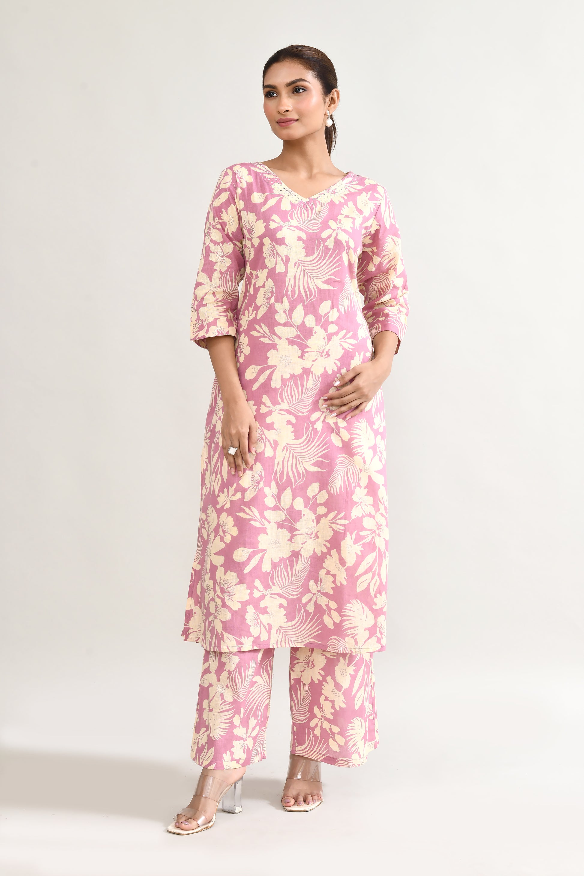 Pink Linen Printed Cord Set