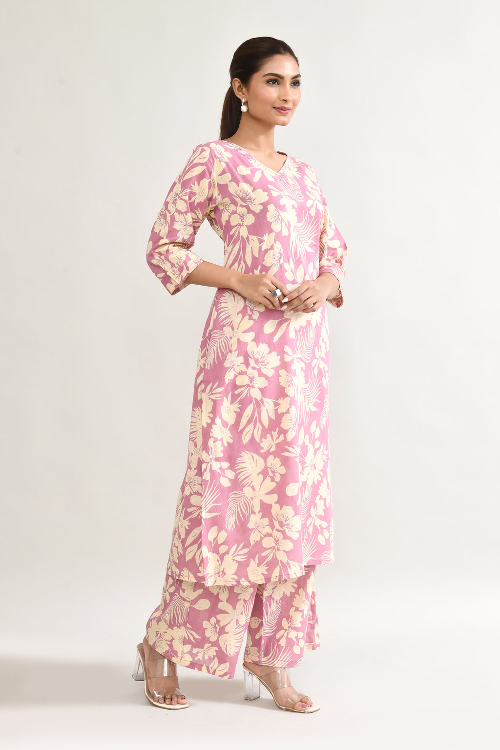 Pink Linen Printed Cord Set