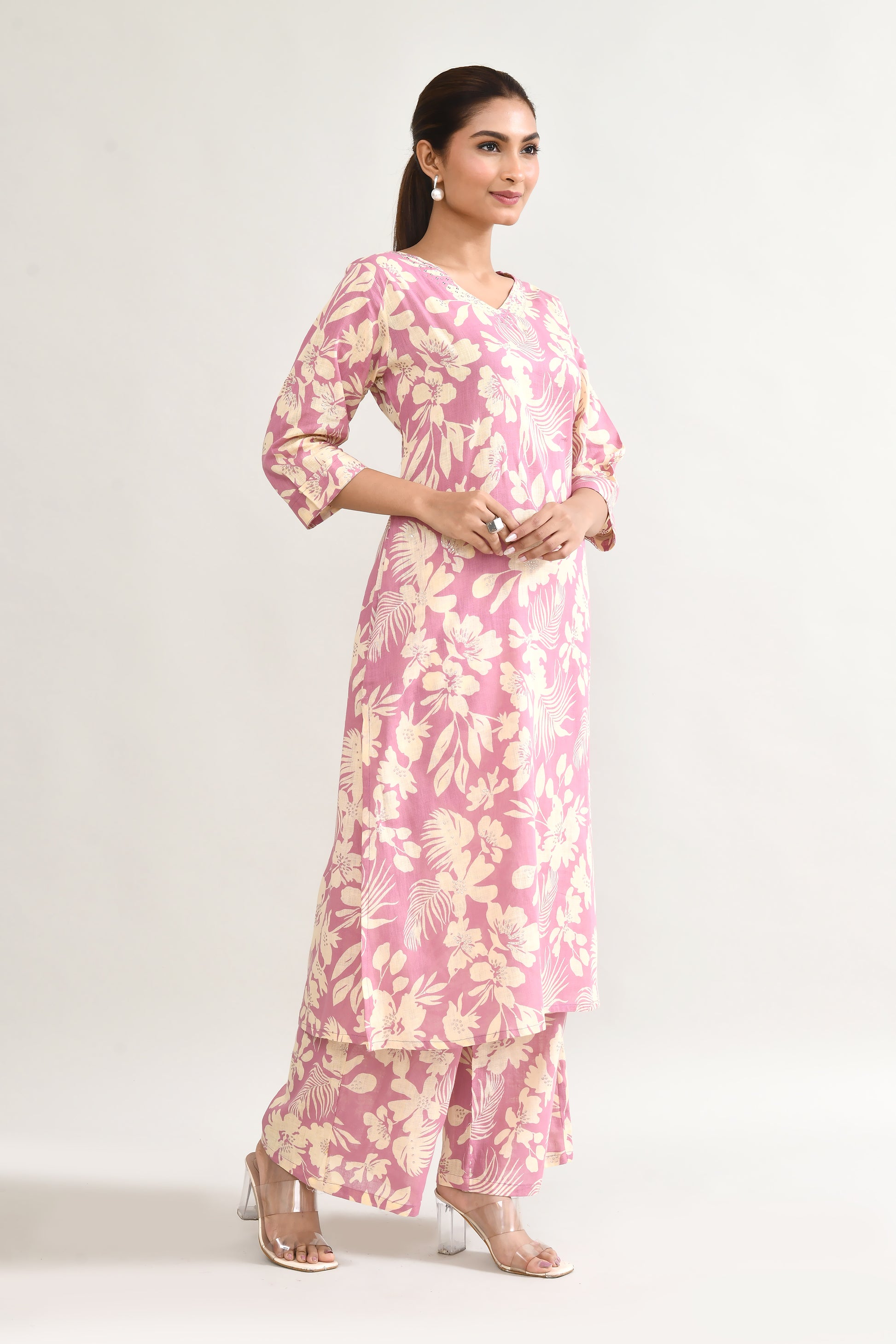 Pink Linen Printed Cord Set