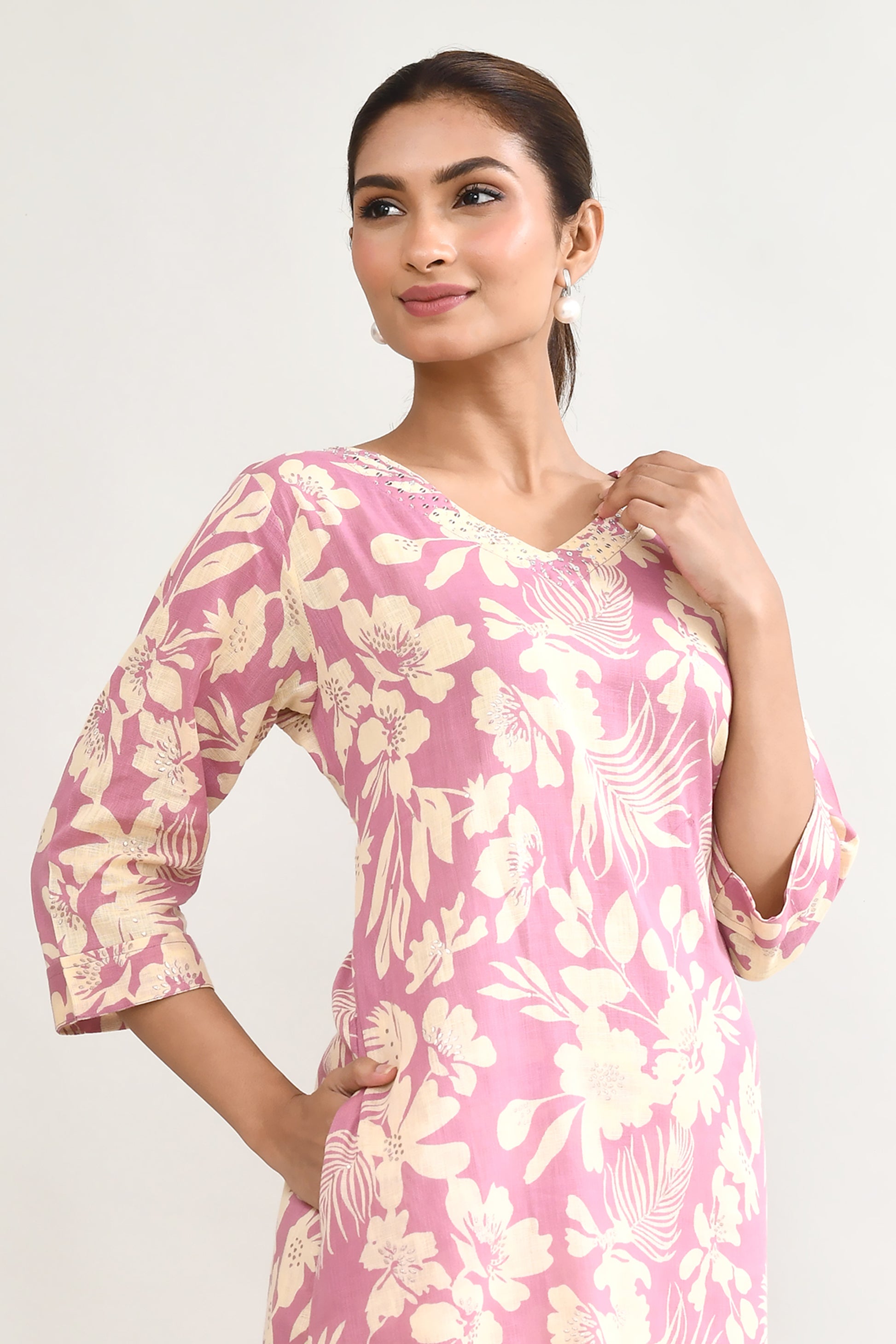 Pink Linen Printed Cord Set