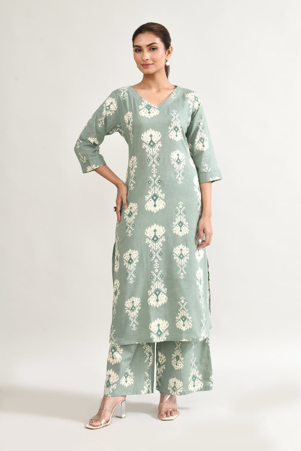 Green Linen Printed Cord Set
