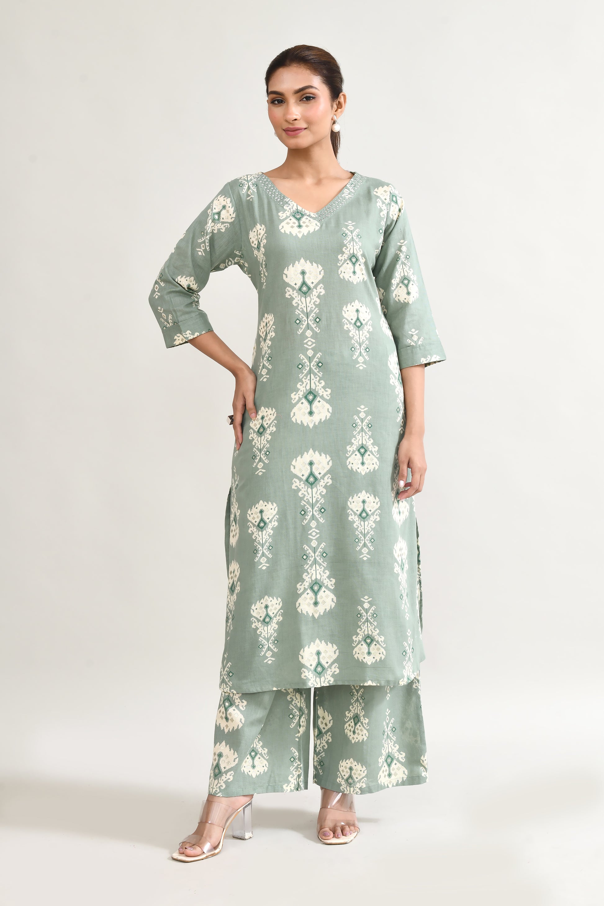 Green Linen Printed Cord Set