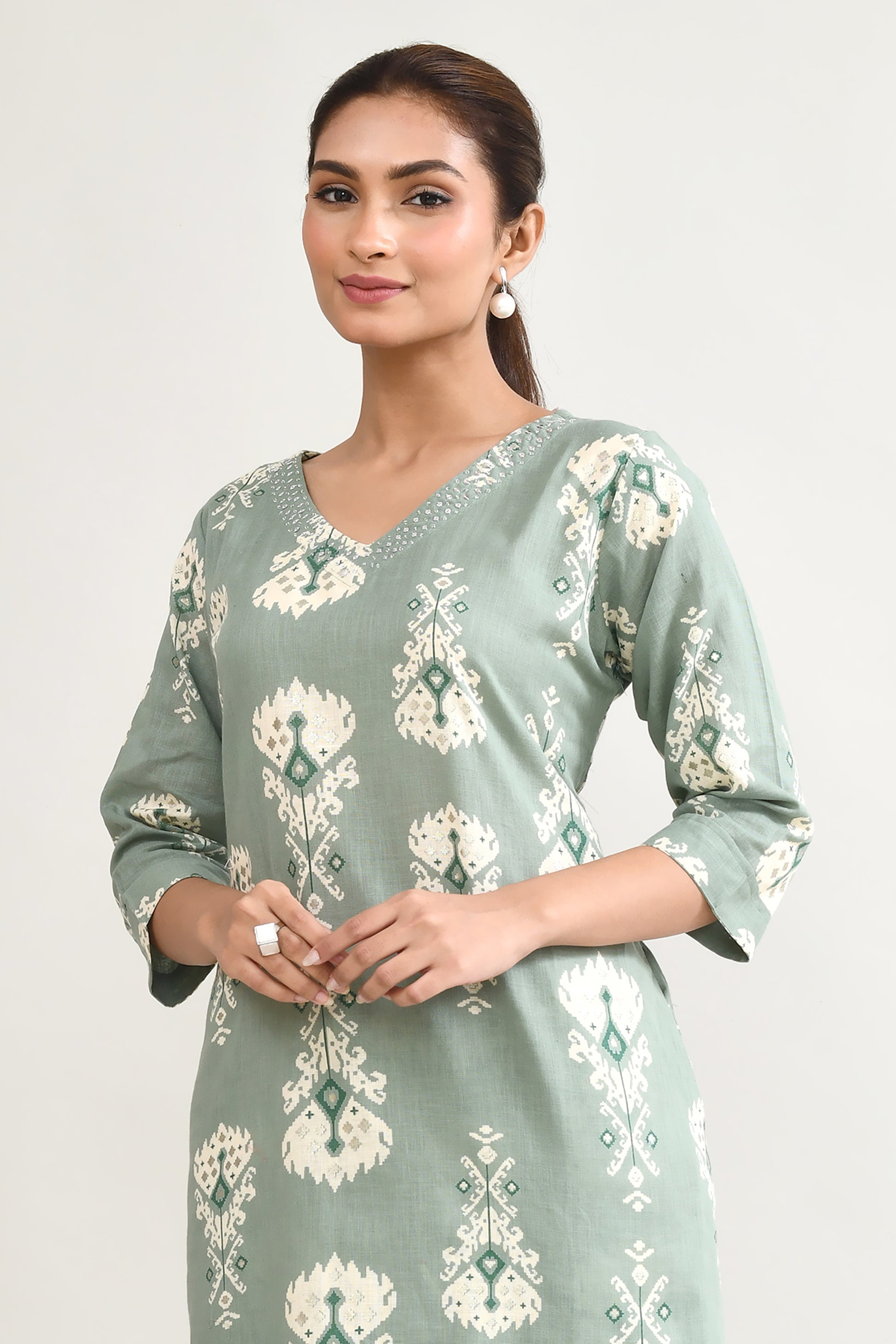 Green Linen Printed Cord Set