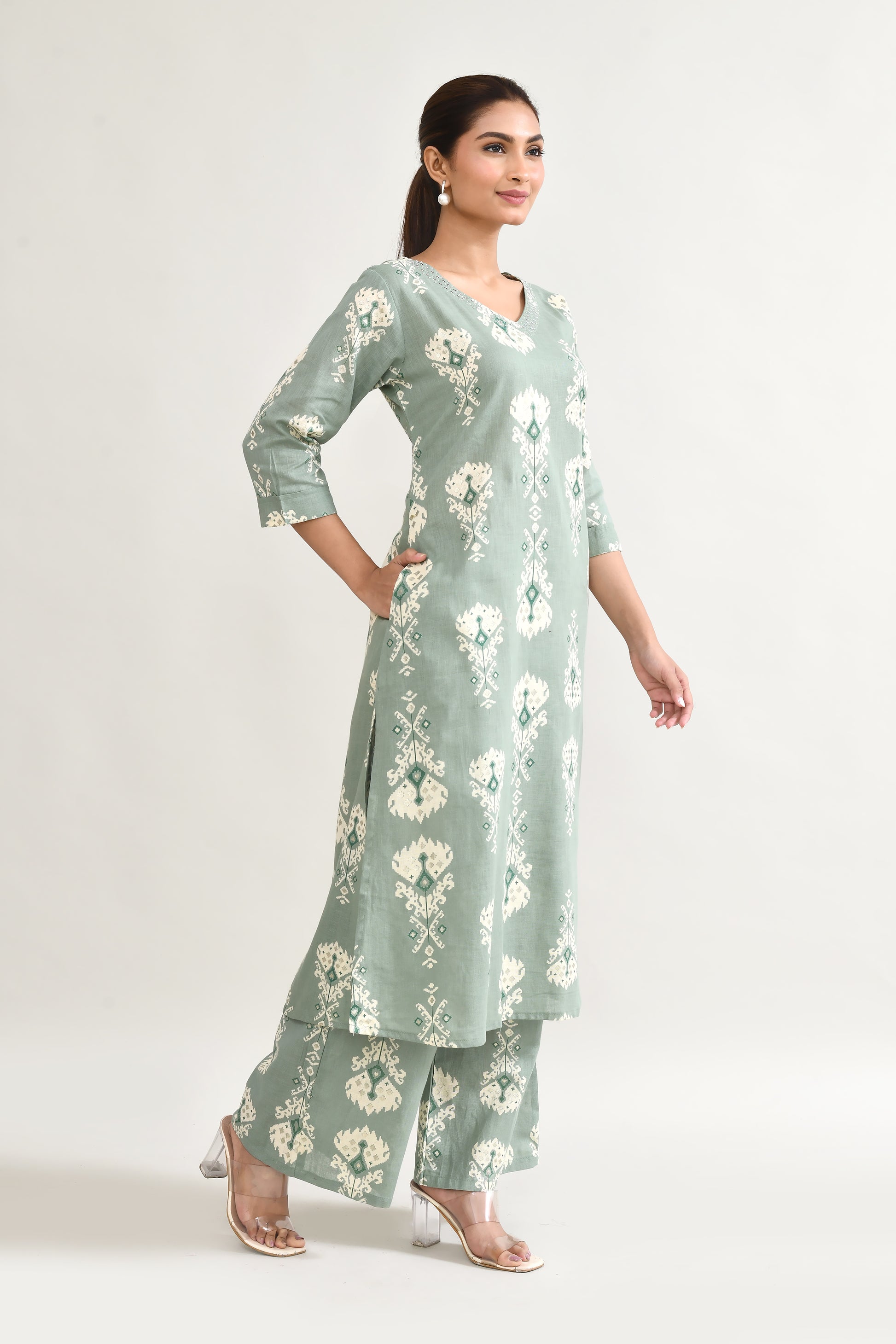Green Linen Printed Cord Set