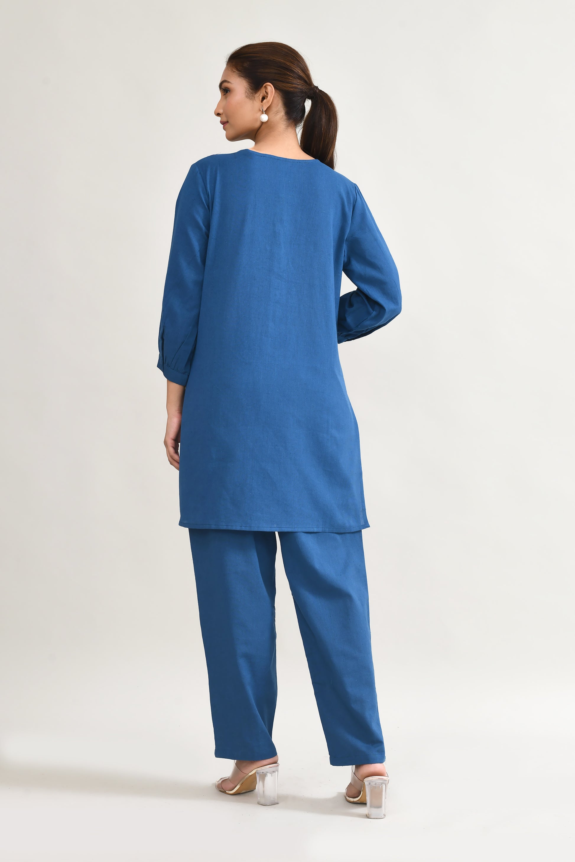 Blue Linen Cord Set with Embroidery