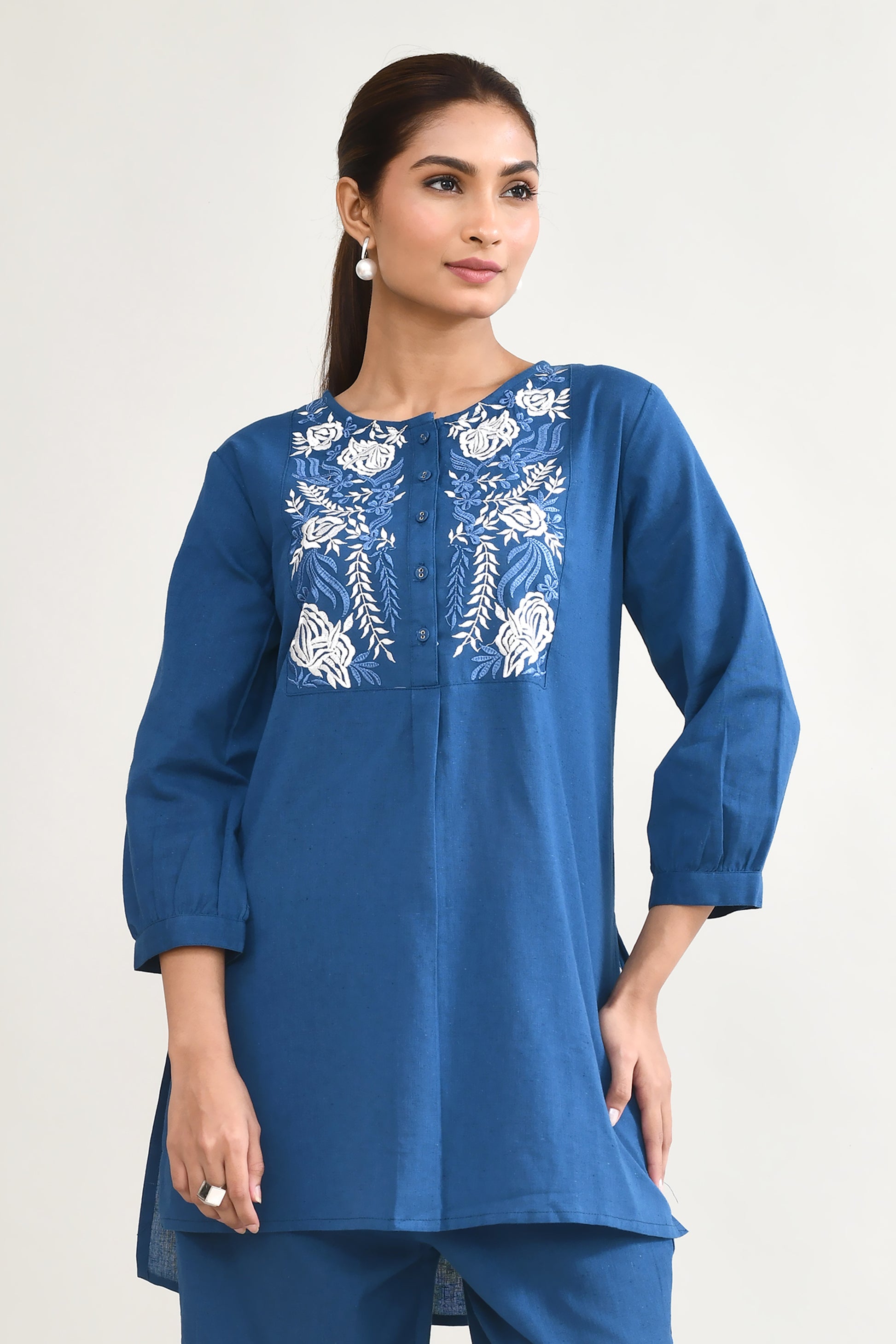 Blue Linen Cord Set with Embroidery