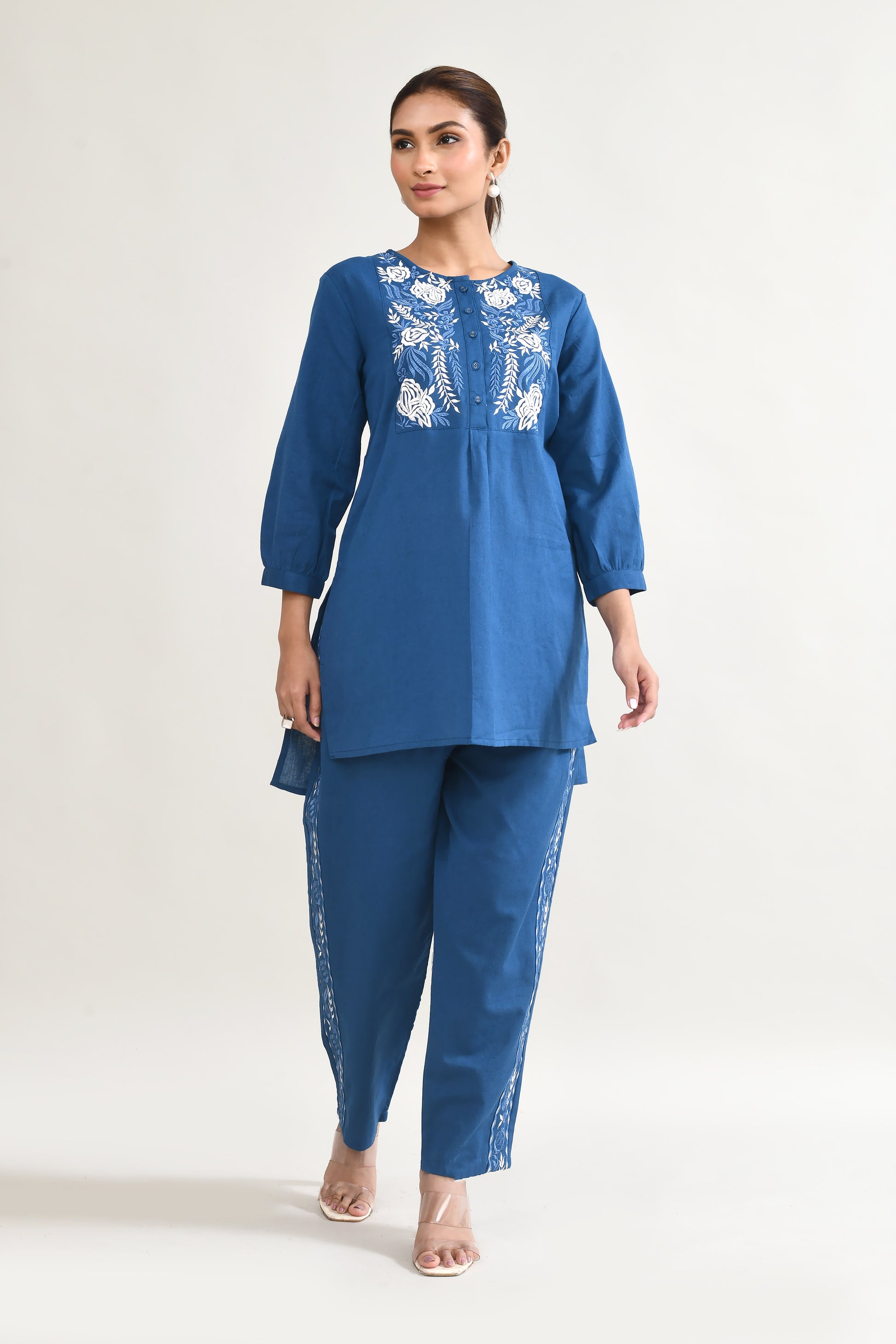 Blue Linen Cord Set with Embroidery