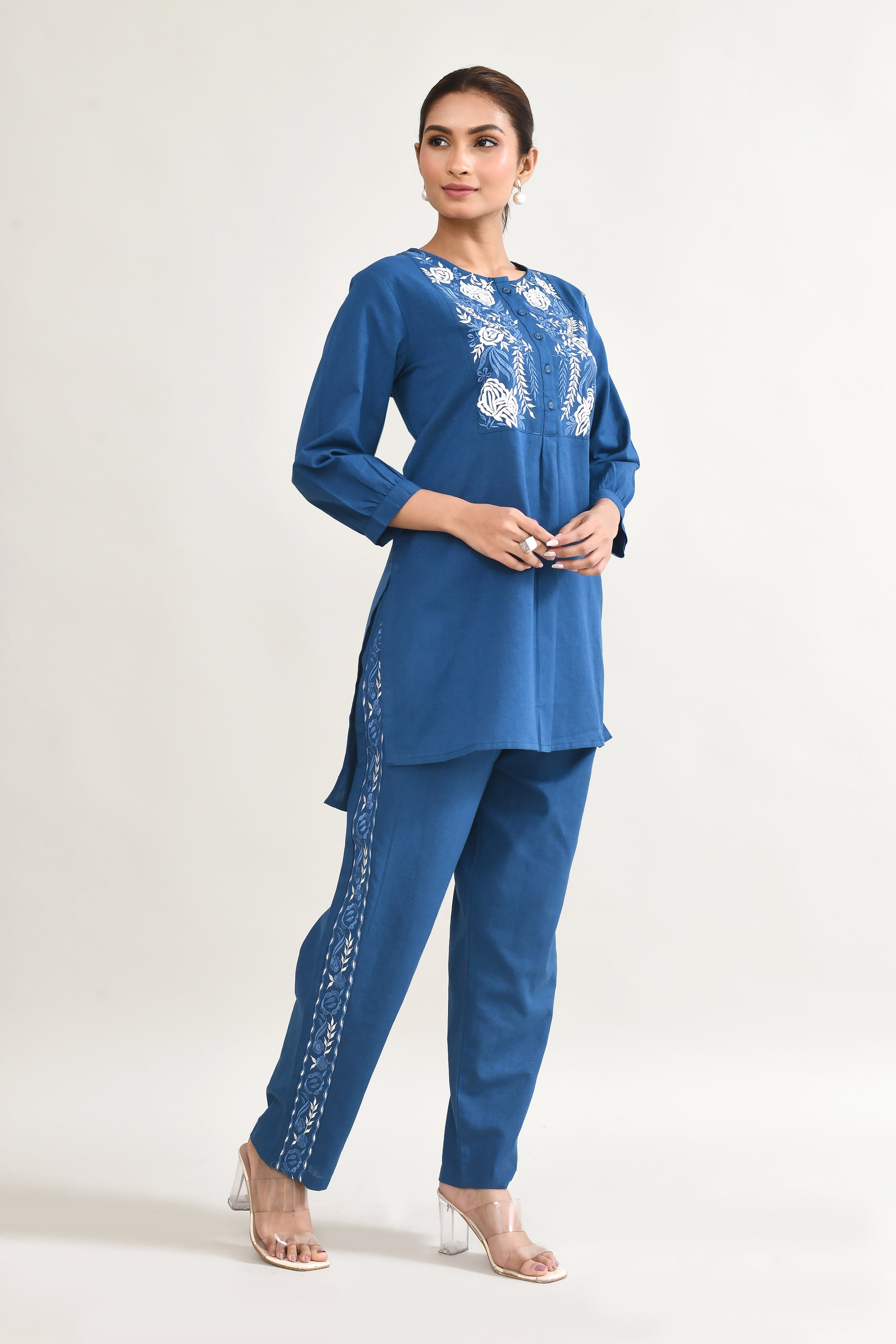 Blue Linen Cord Set with Embroidery