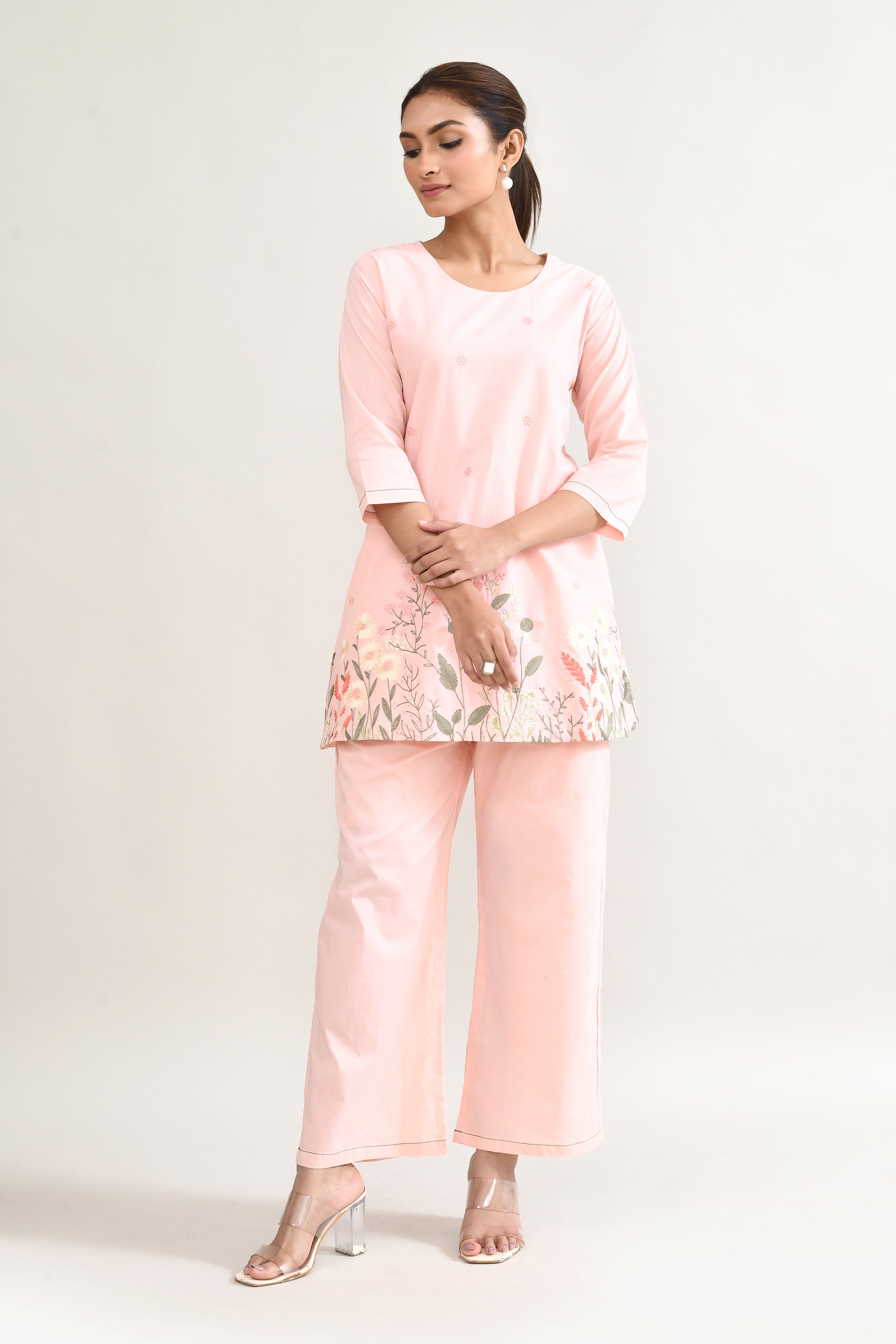 Pink Cotton Cord Set with Embroidery
