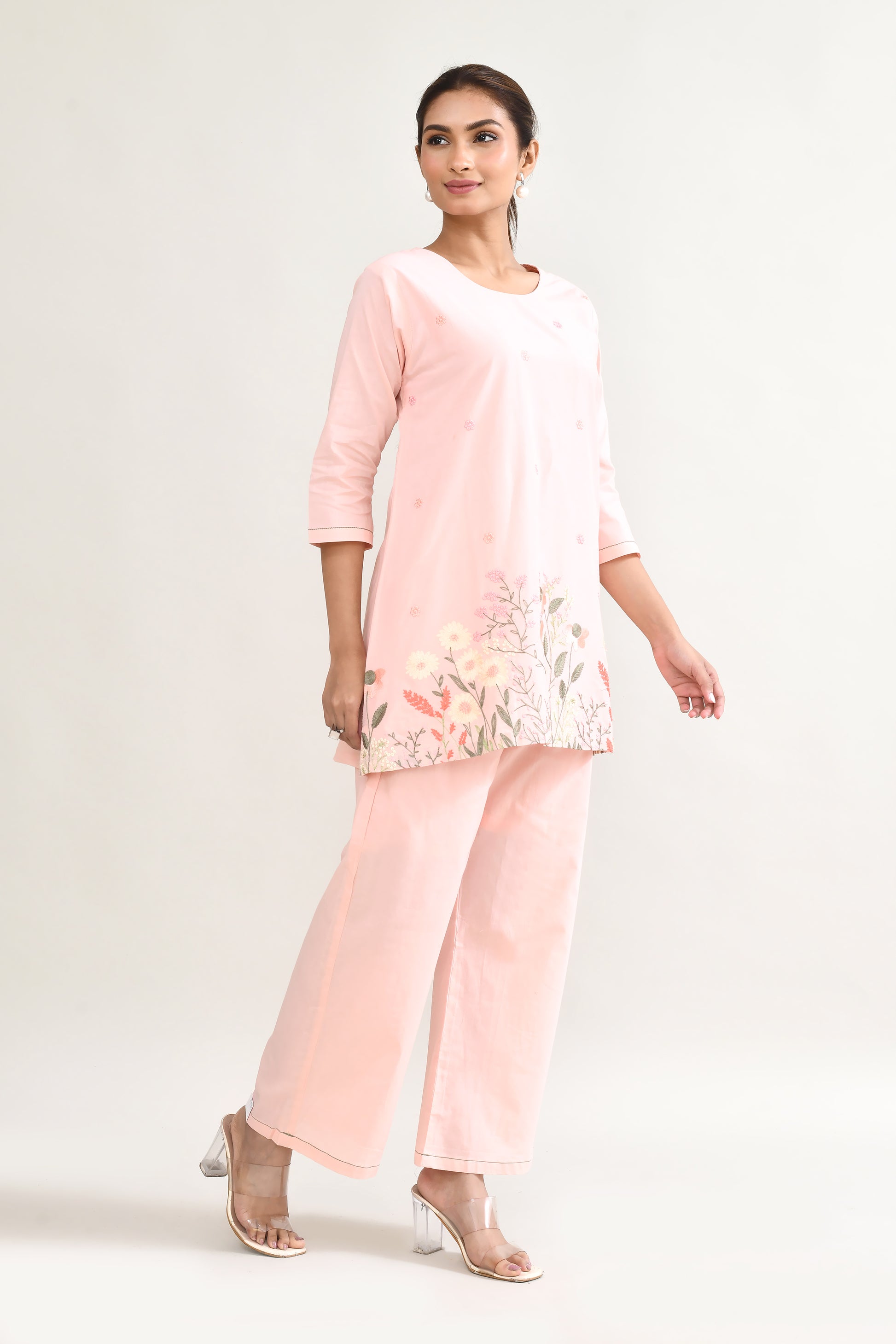 Pink Cotton Cord Set with Embroidery