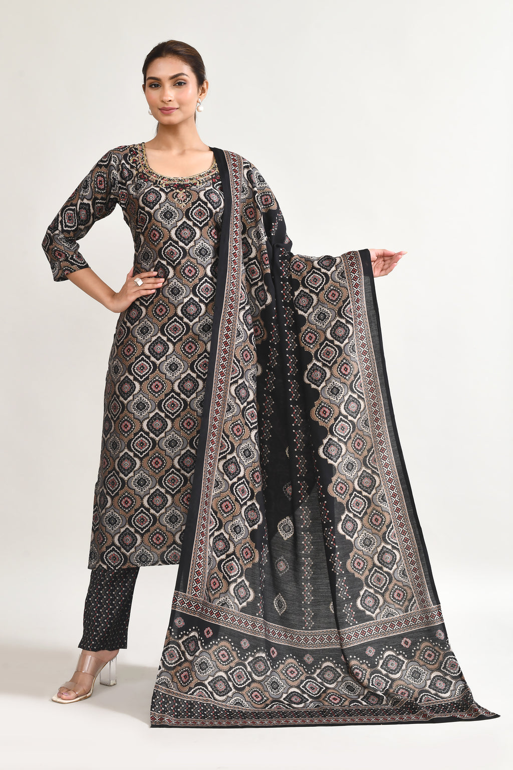 Black Printed Maslin Kurta Set