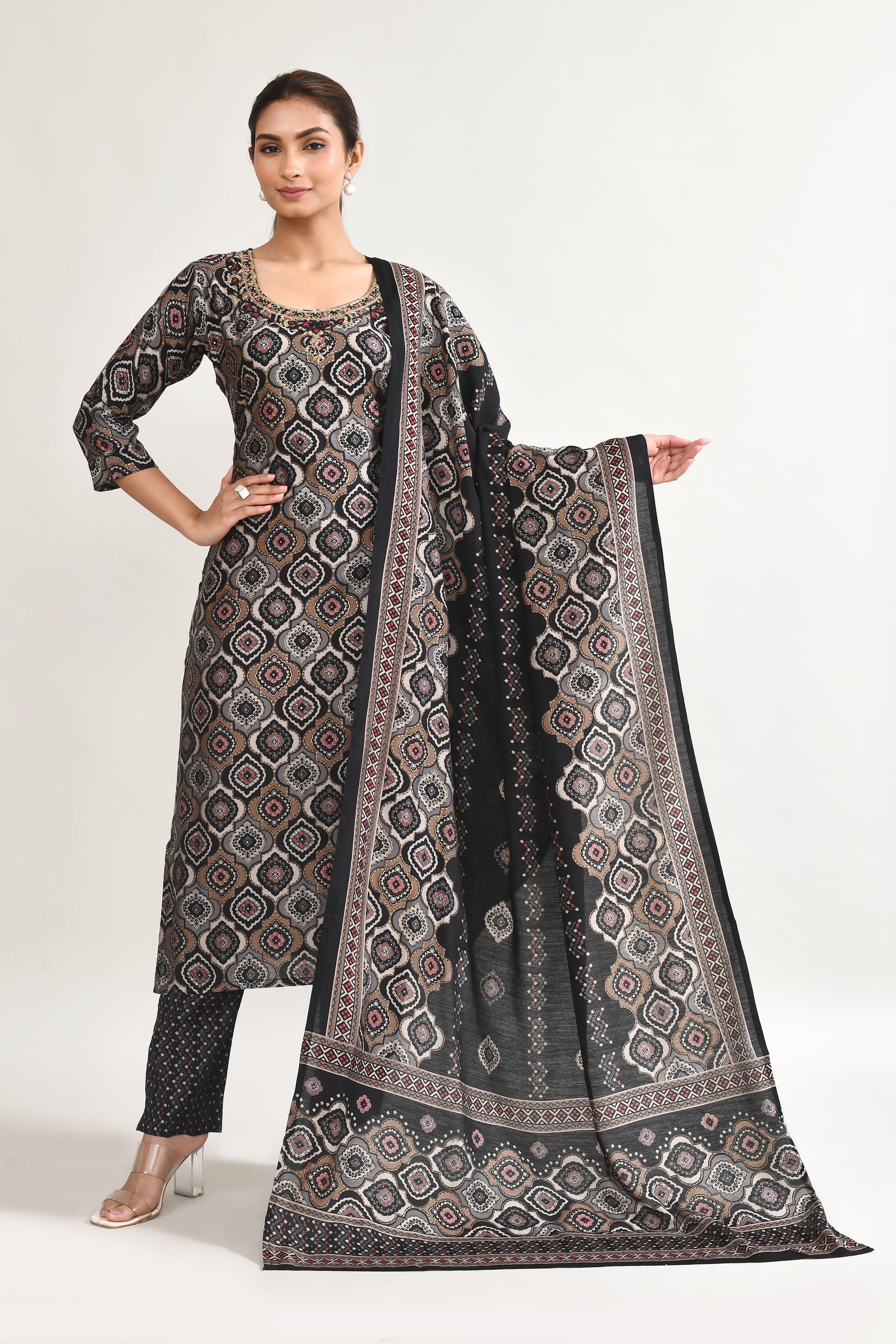 Black Printed Maslin Kurta Set