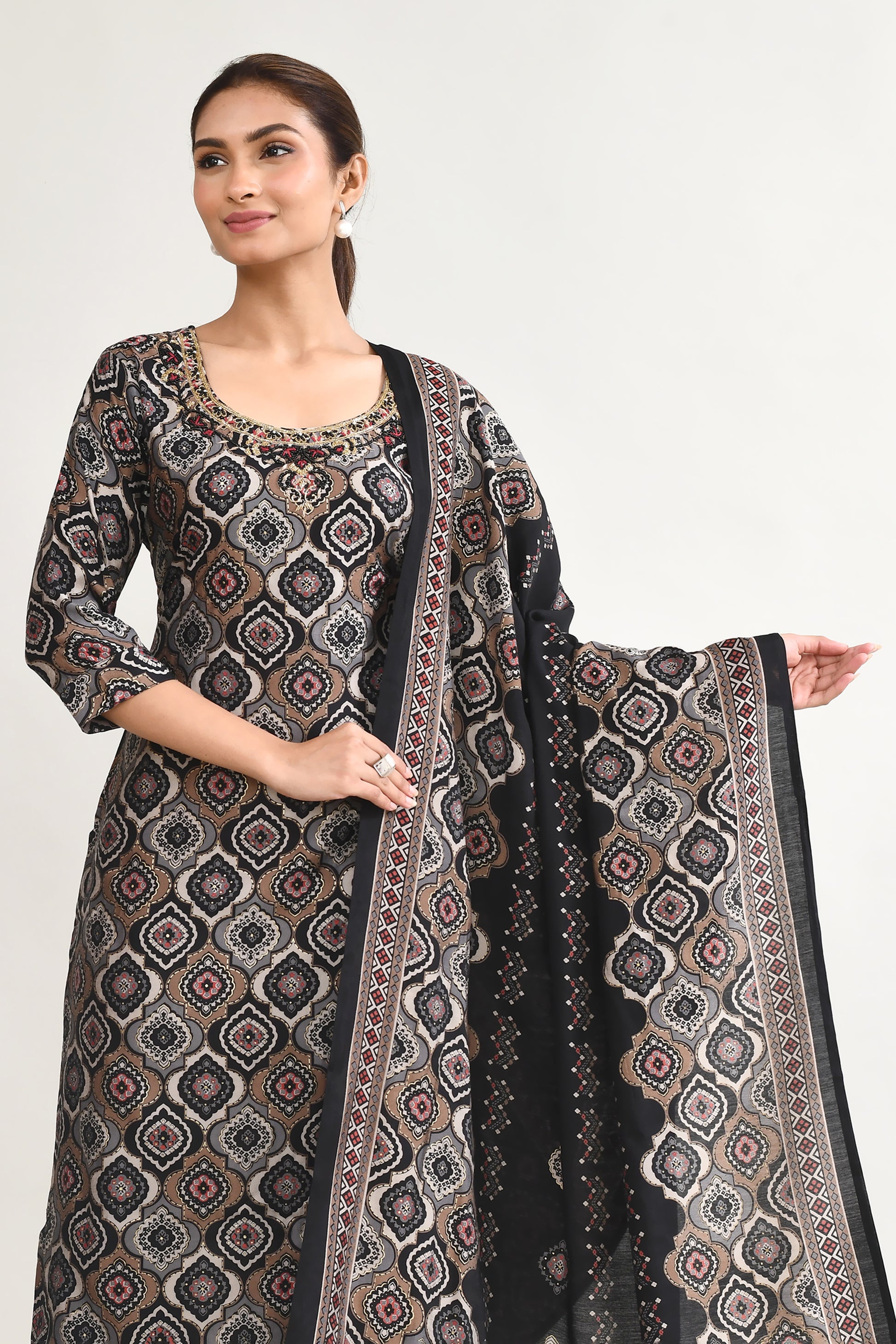 Black Printed Maslin Kurta Set