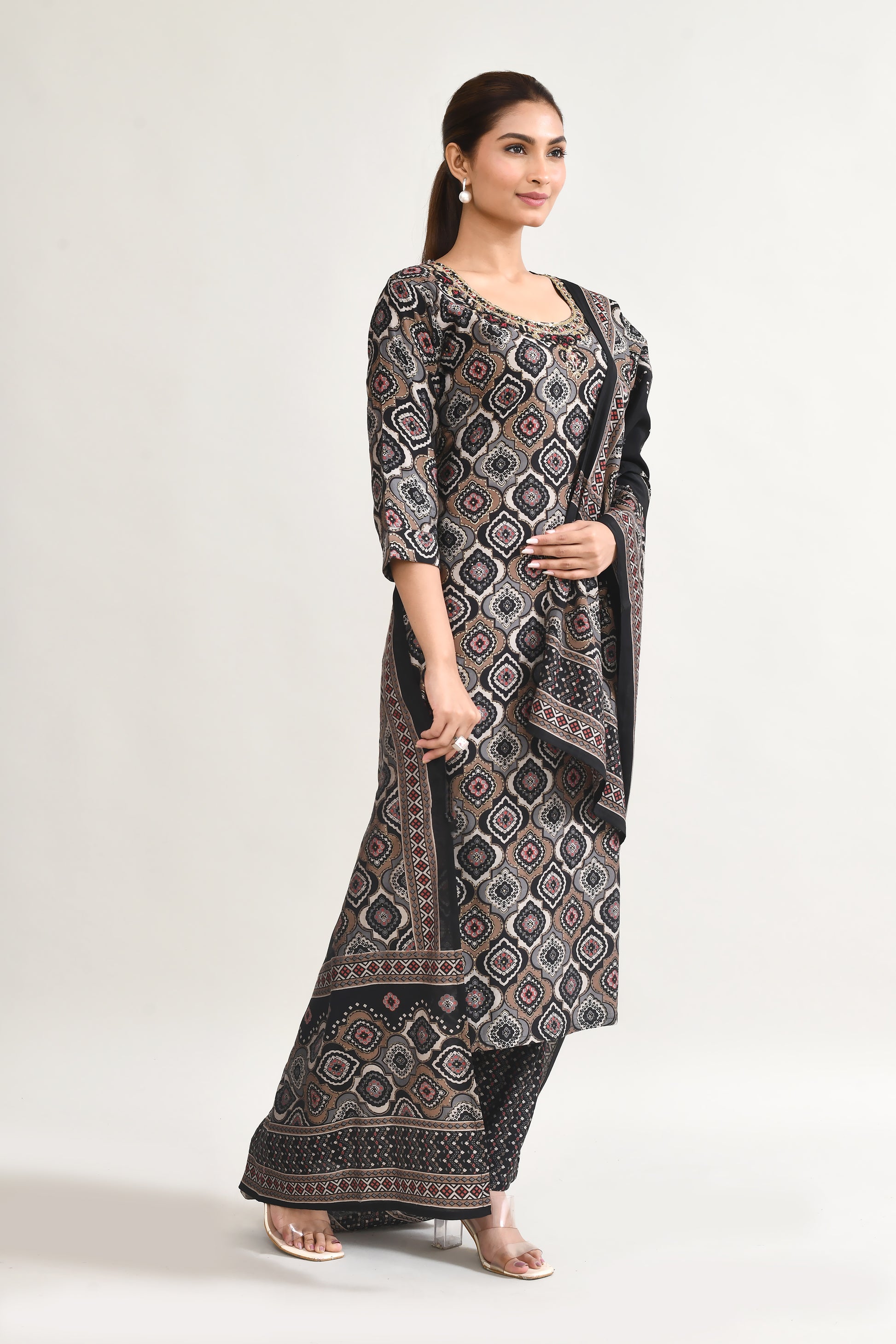 Black Printed Maslin Kurta Set