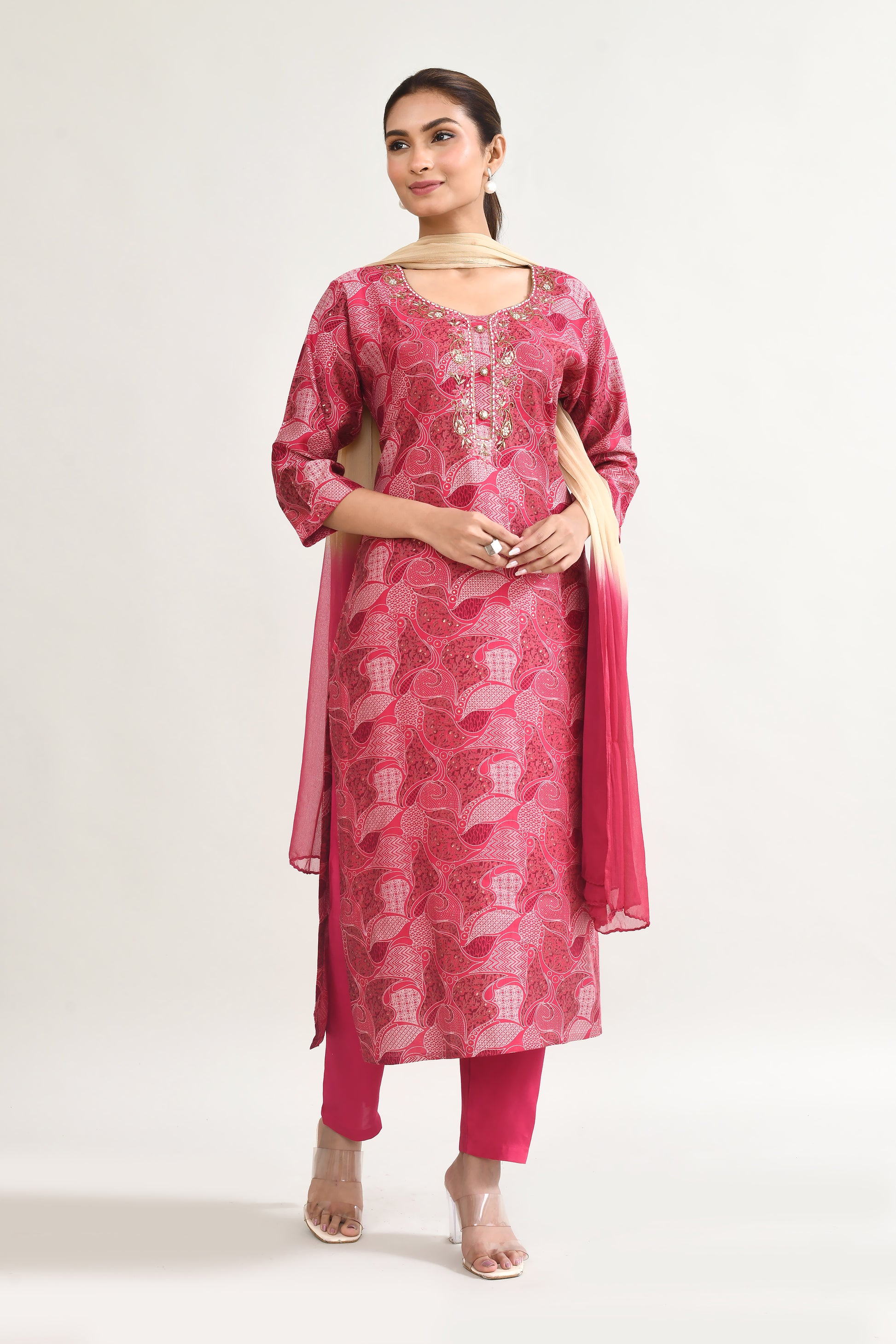 Pink Maslin Kurta Set With Embroidery