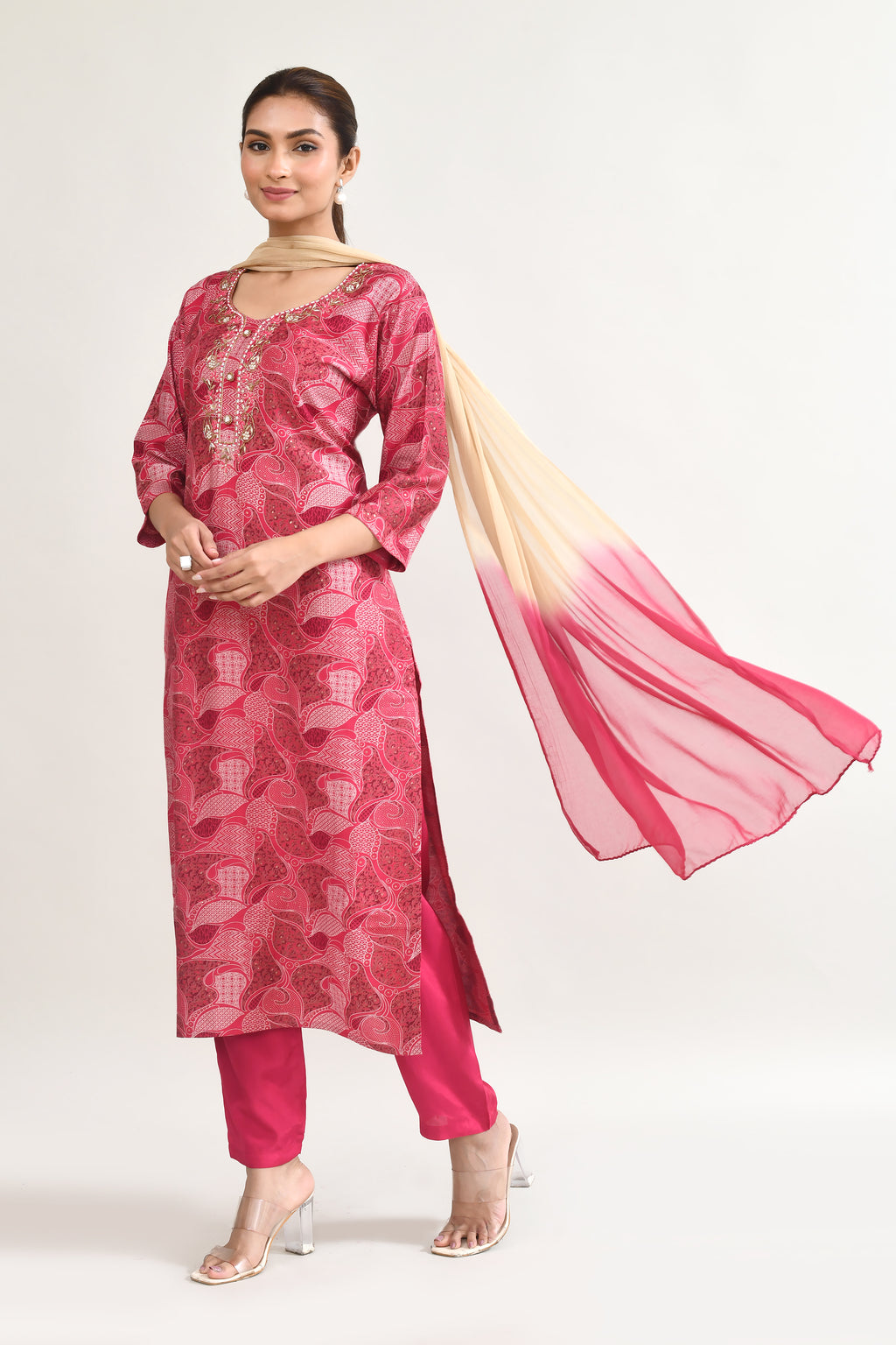 Pink Maslin Kurta Set With Embroidery