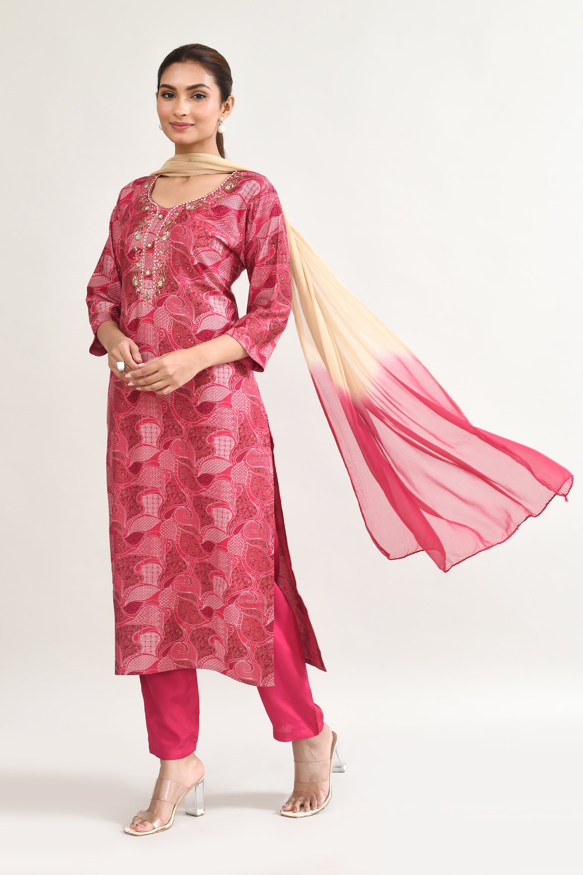 Pink Maslin Kurta Set With Embroidery