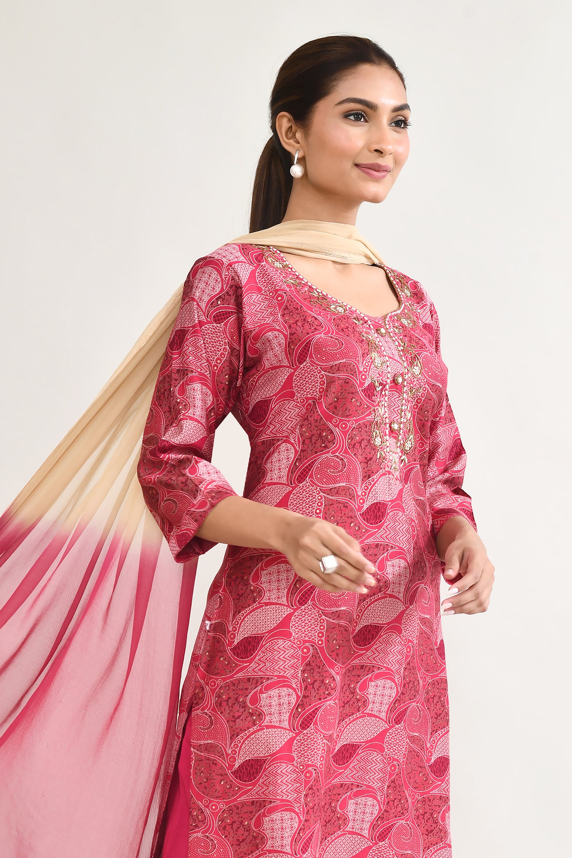 Pink Maslin Kurta Set With Embroidery