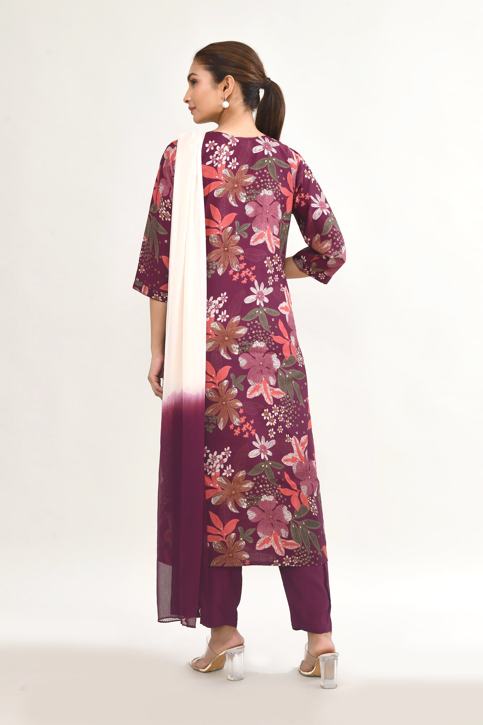 Wine Maslin Kurta Set With Embroidery