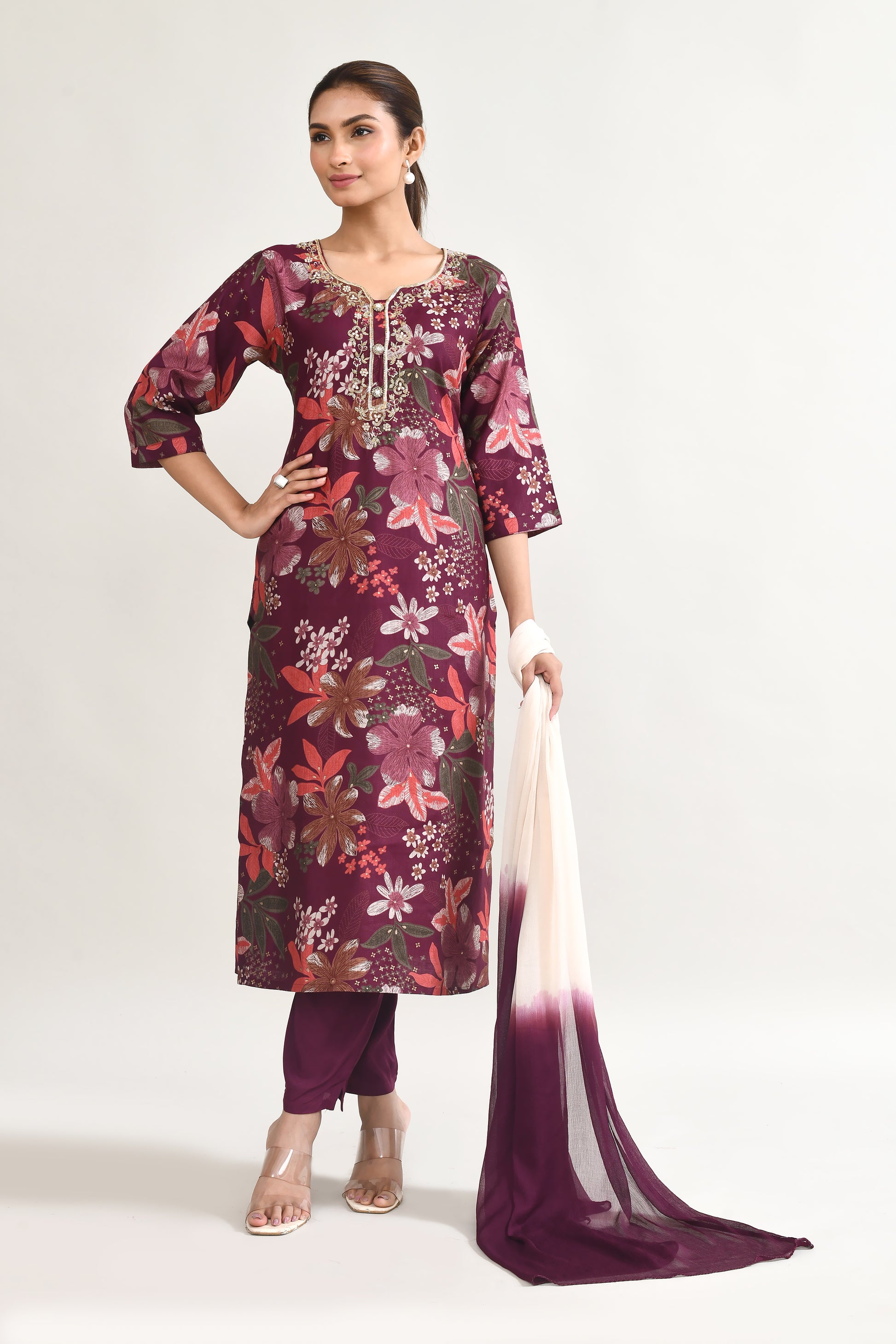 Wine Maslin Kurta Set With Embroidery