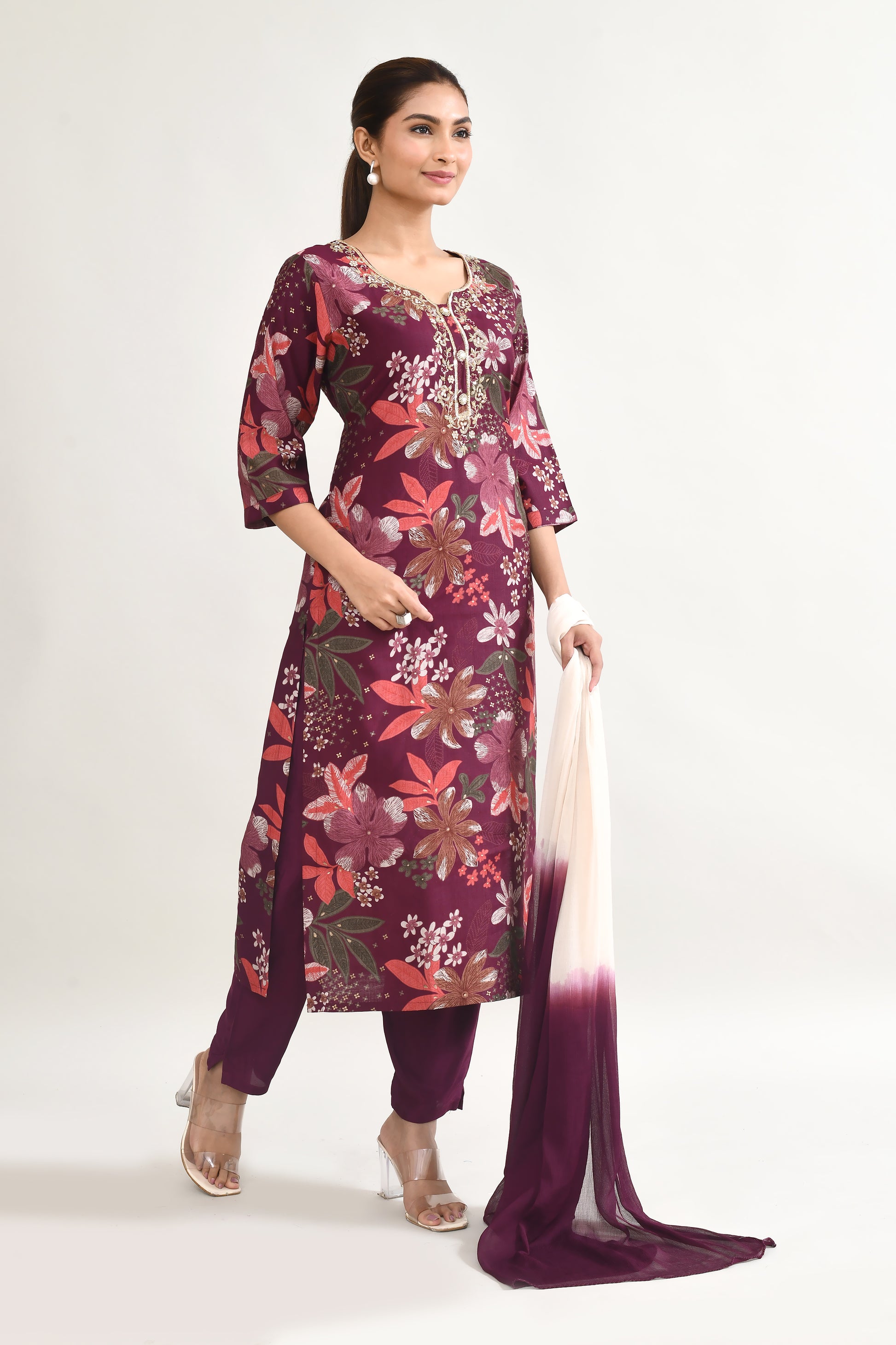 Wine Maslin Kurta Set With Embroidery