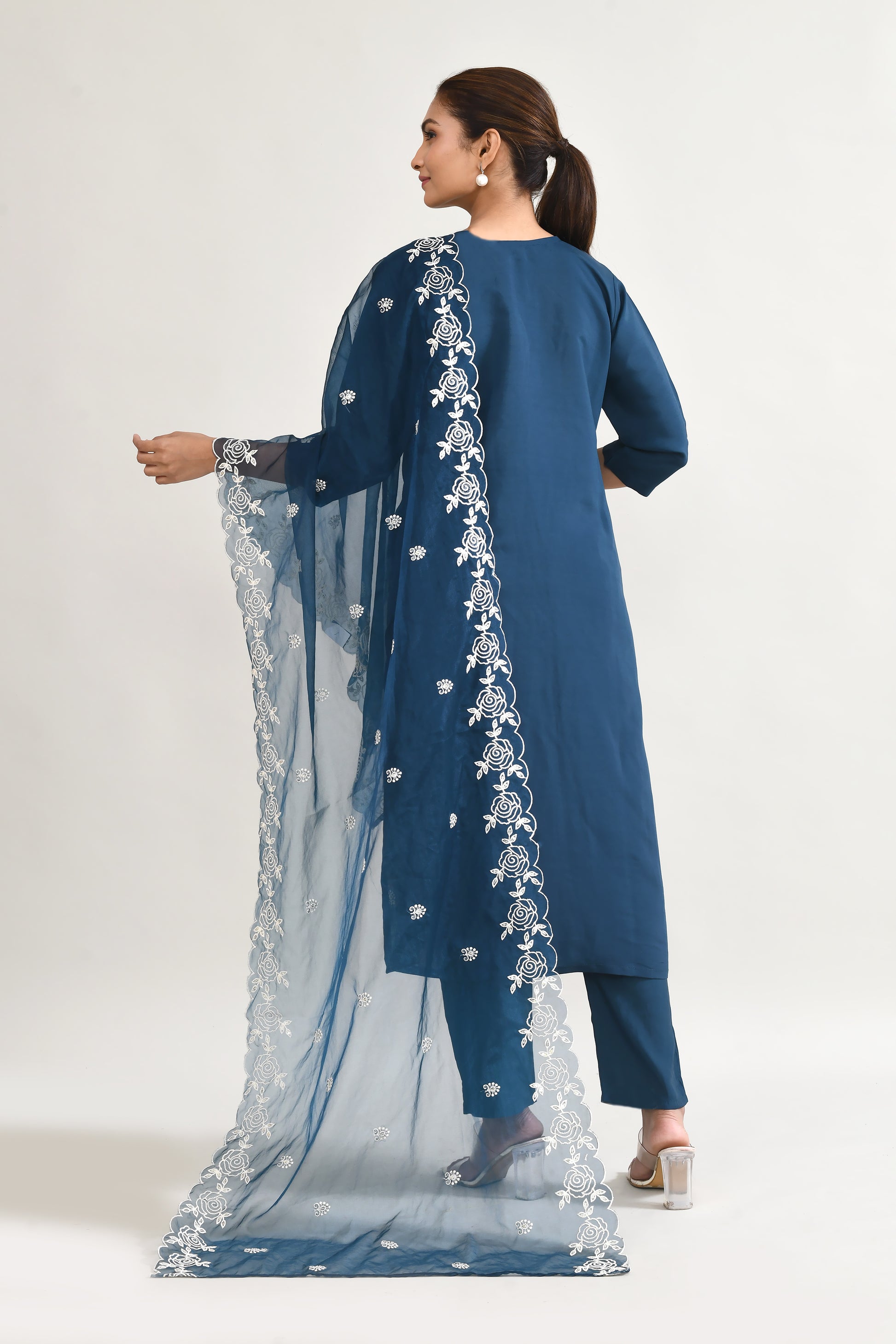 Blue Maslin Kurta Set With Embroidery