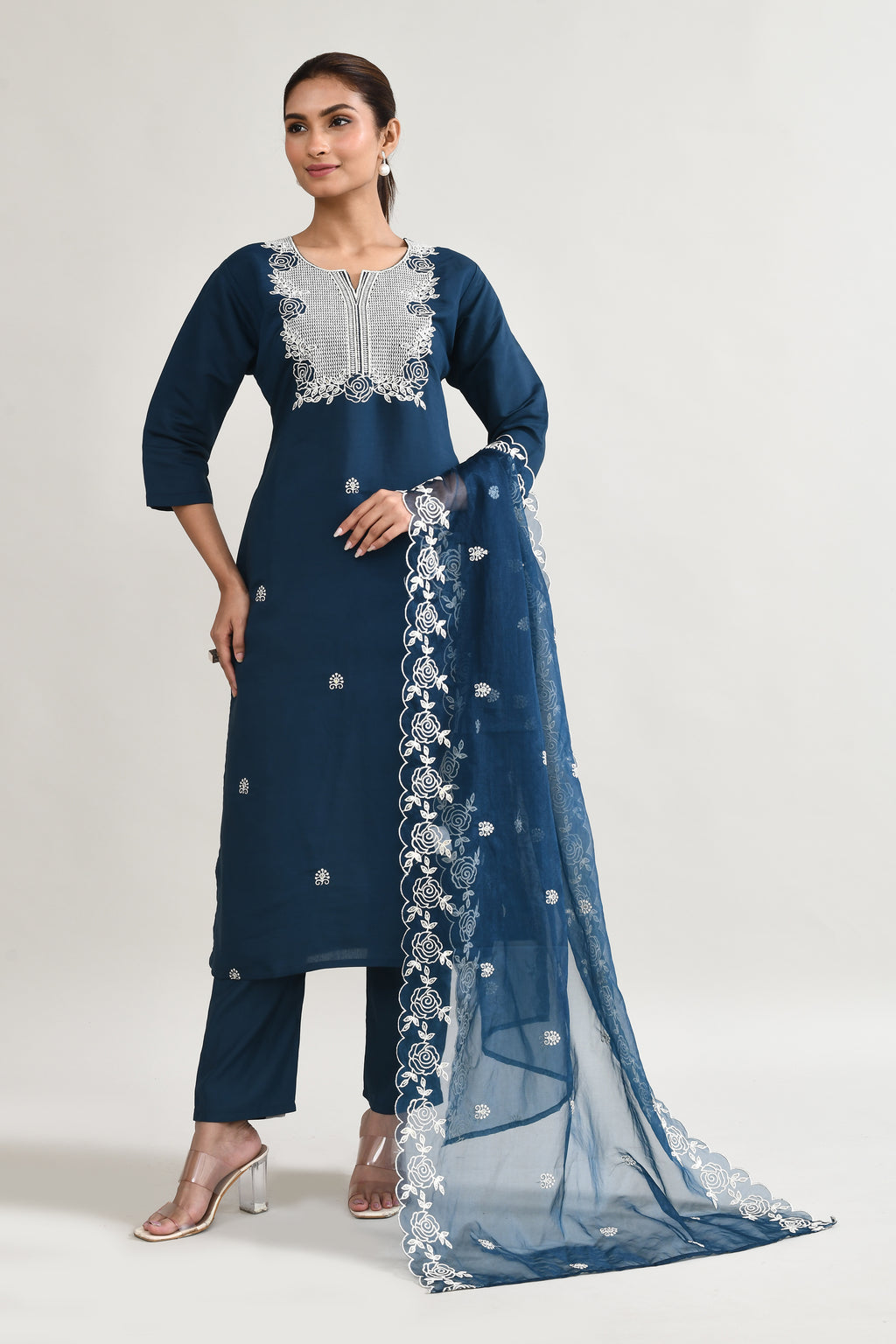 Blue Maslin Kurta Set With Embroidery