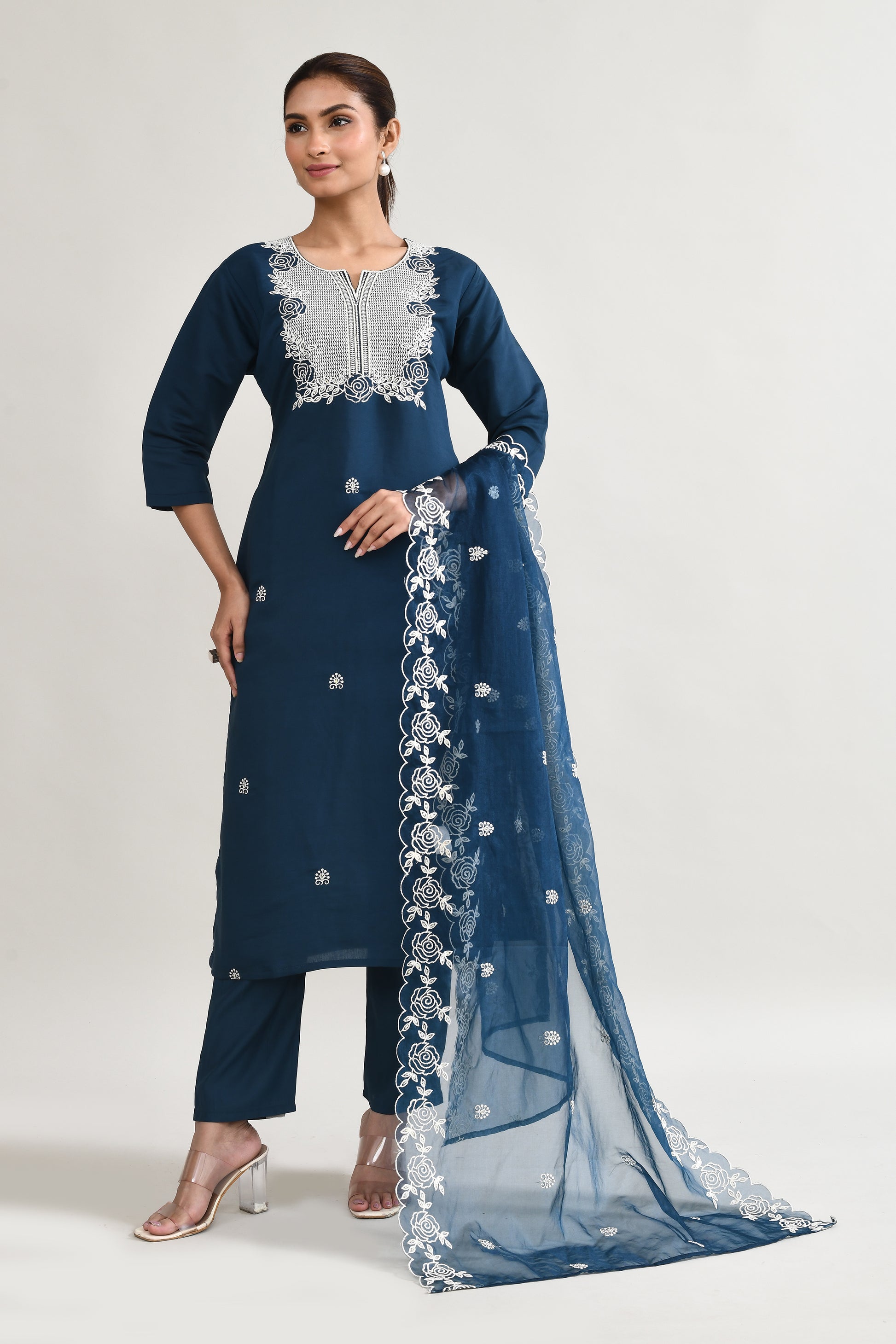 Blue Maslin Kurta Set With Embroidery