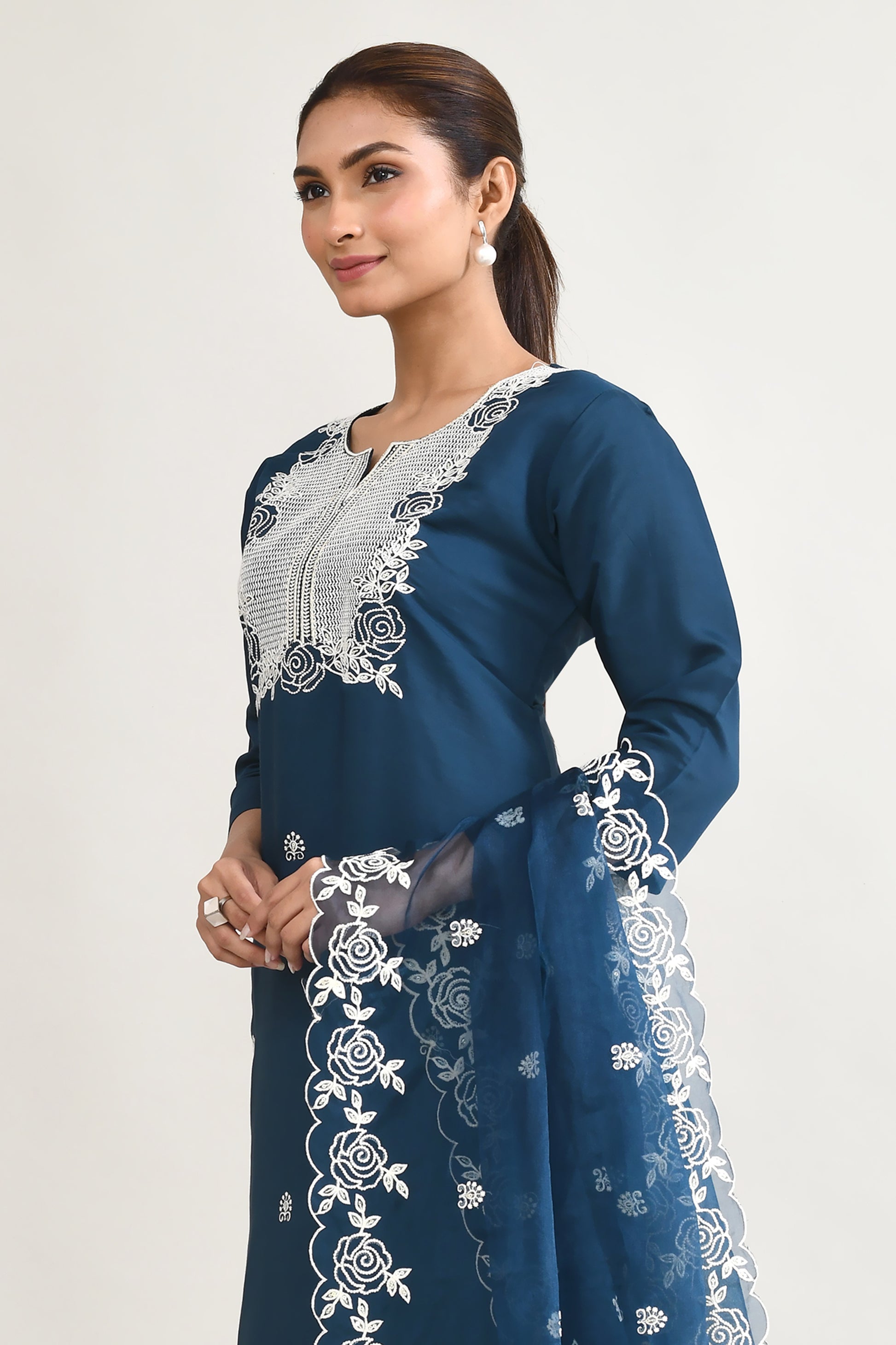 Blue Maslin Kurta Set With Embroidery