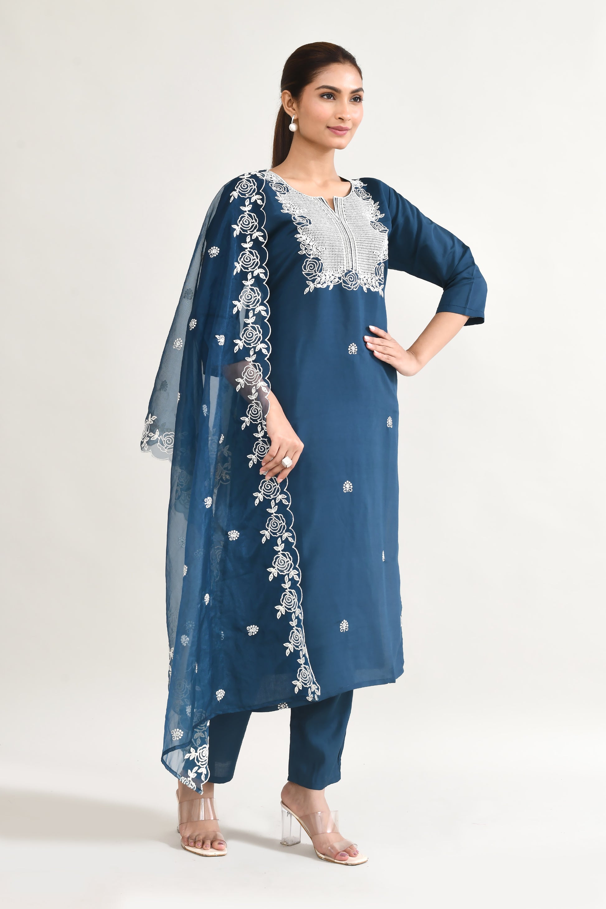 Blue Maslin Kurta Set With Embroidery