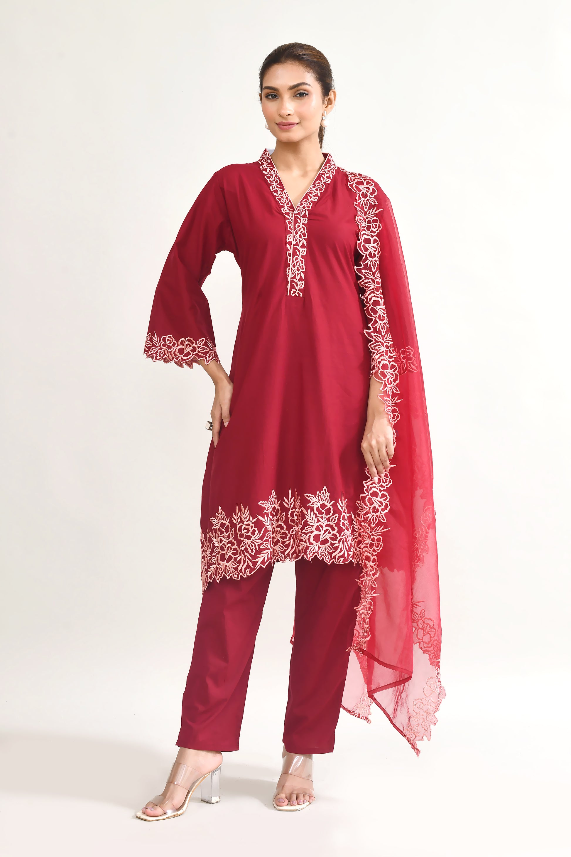 Maroon Maslin Kurta Set With Embroidery