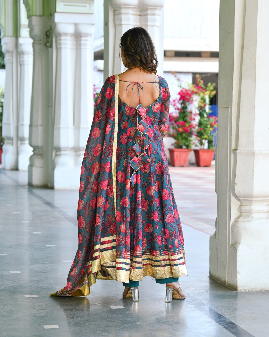 Green Chanderi Printed Anarkali Kurta Set
