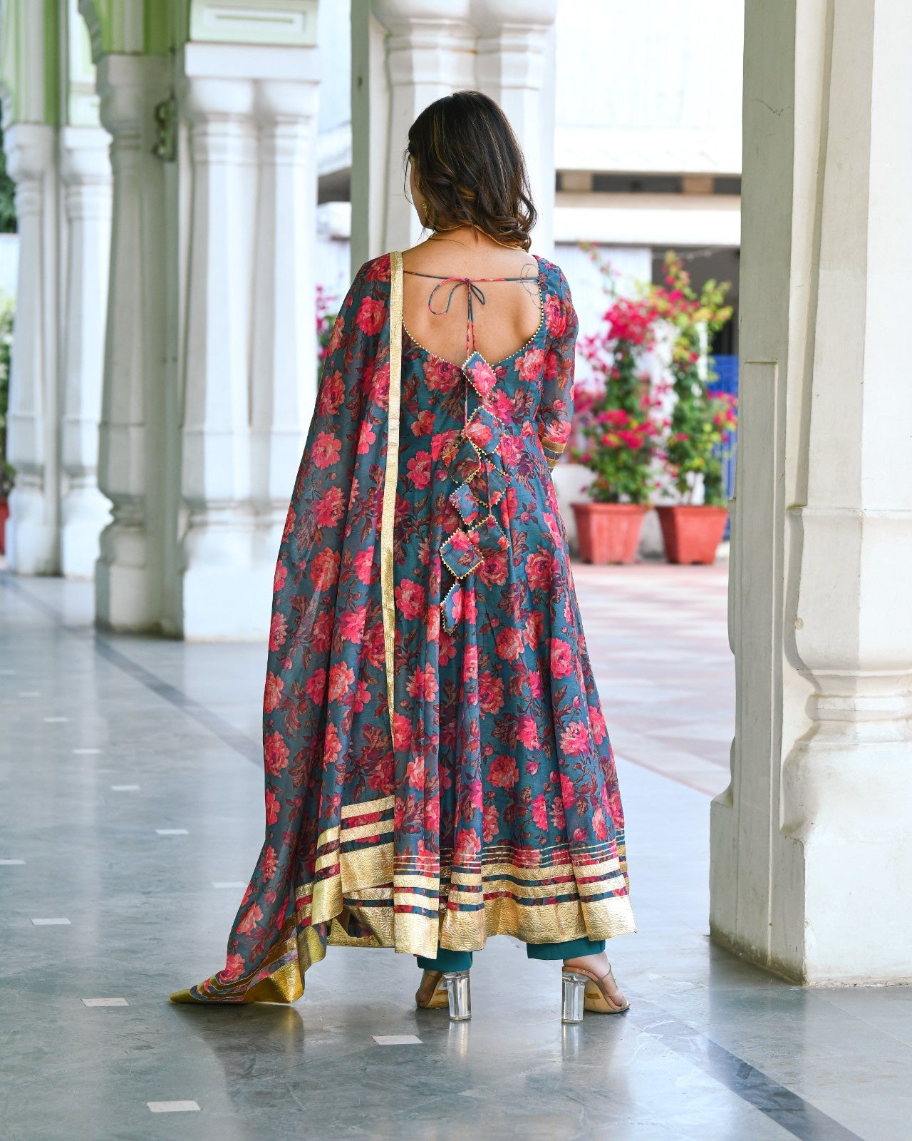 Green Chanderi Printed Anarkali Kurta Set