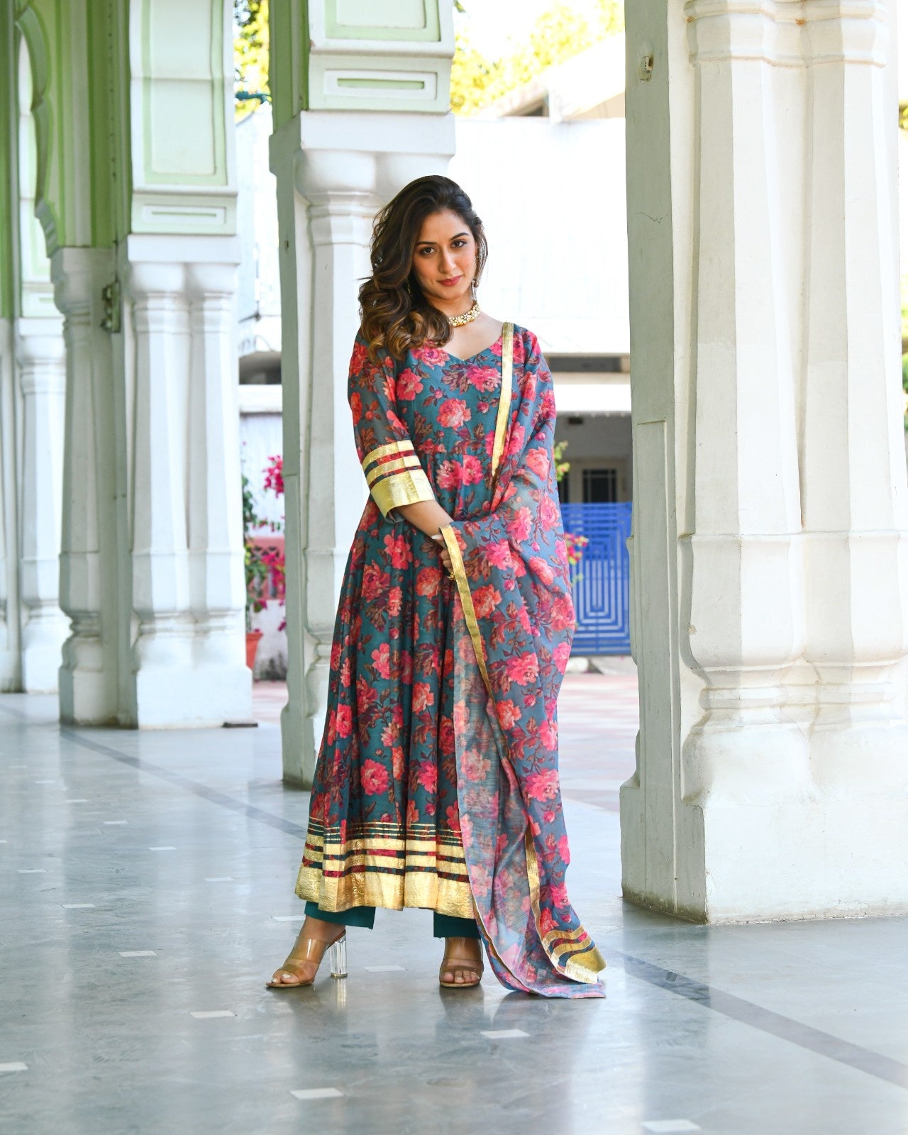 Green Chanderi Printed Anarkali Kurta Set