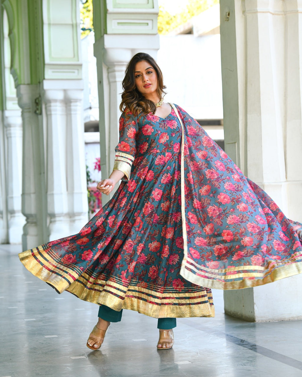 Green Chanderi Printed Anarkali Kurta Set