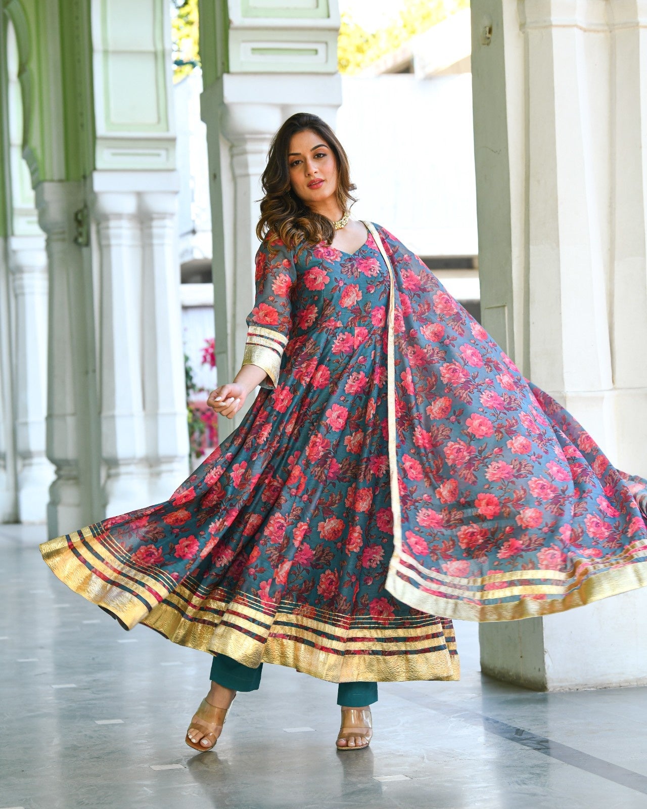Green Chanderi Printed Anarkali Kurta Set