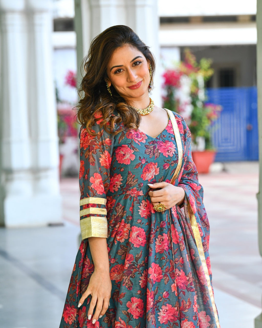 Green Chanderi Printed Anarkali Kurta Set