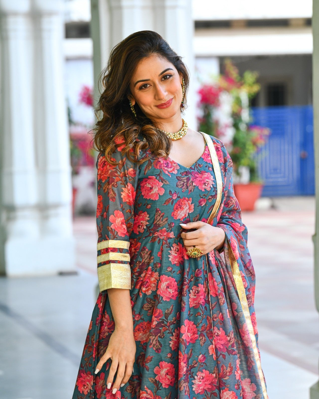 Green Chanderi Printed Anarkali Kurta Set