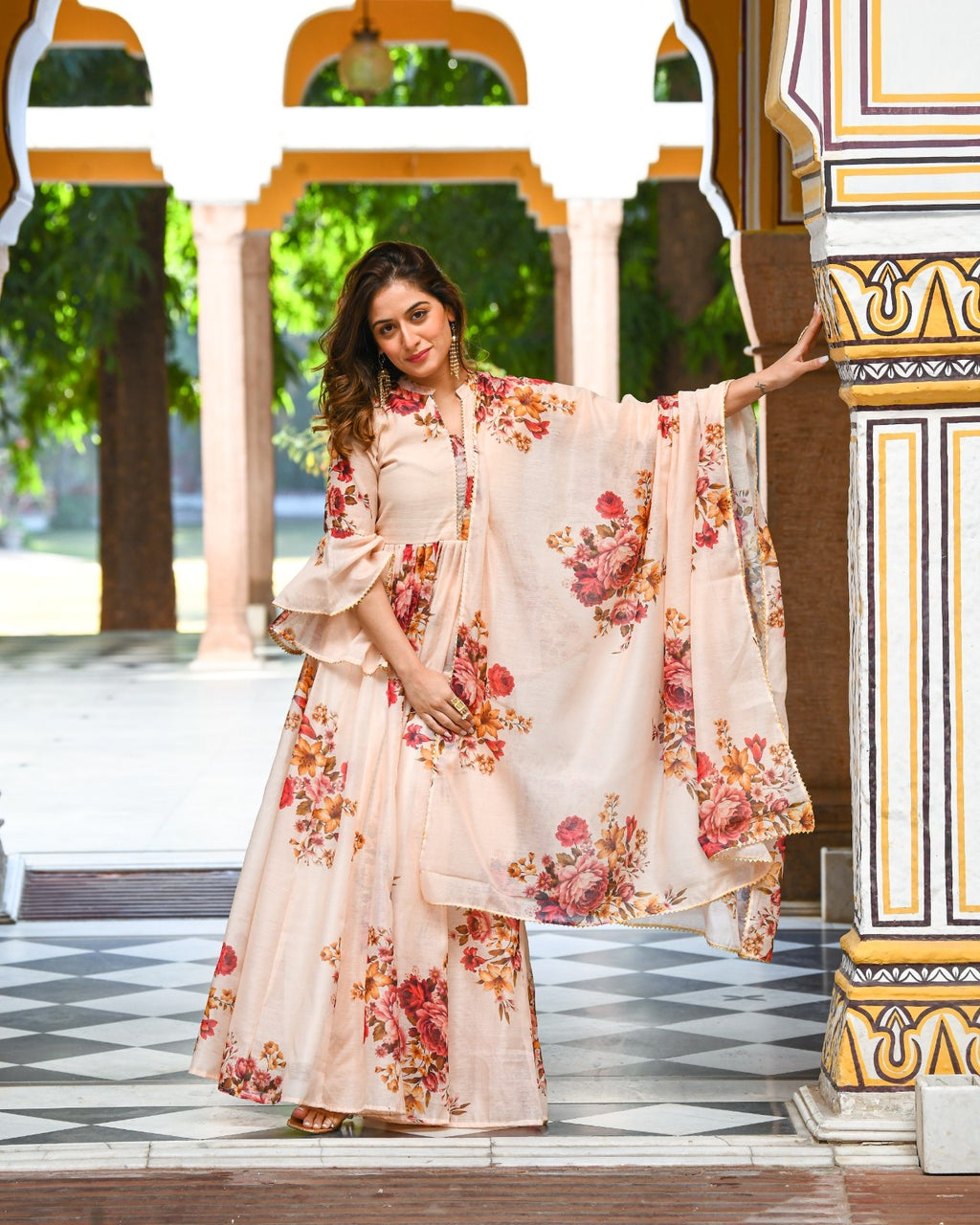 Beige Chanderi Floral Print Lehenga