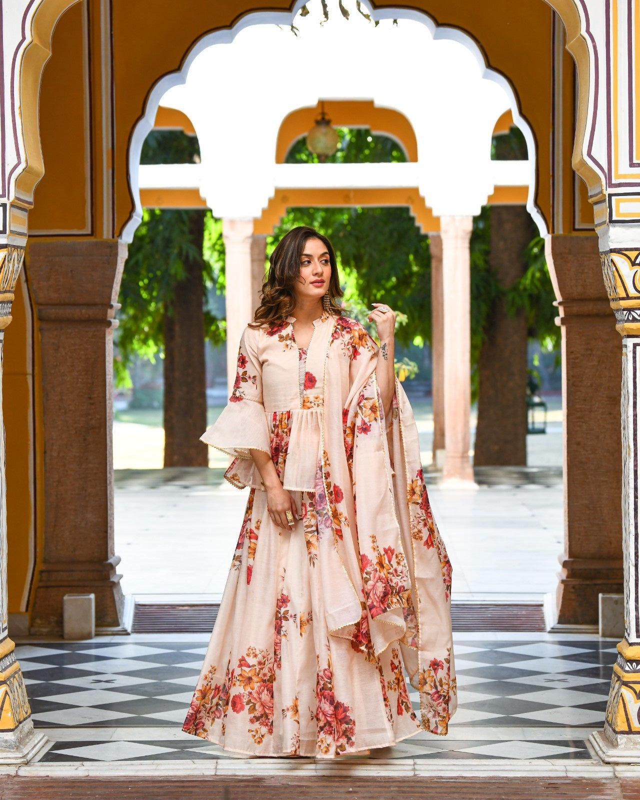 Beige Chanderi Floral Print Lehenga