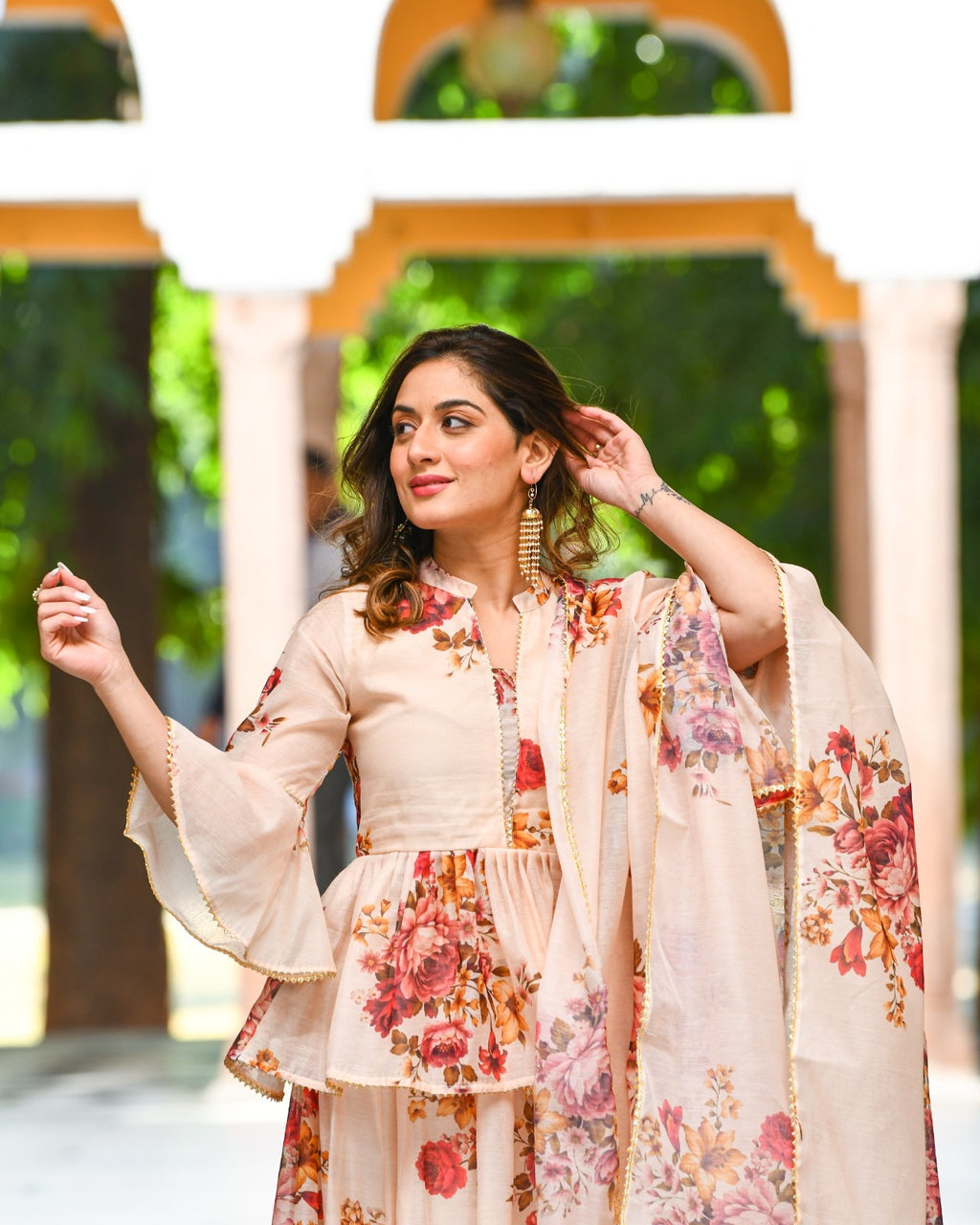 Beige Chanderi Floral Print Lehenga