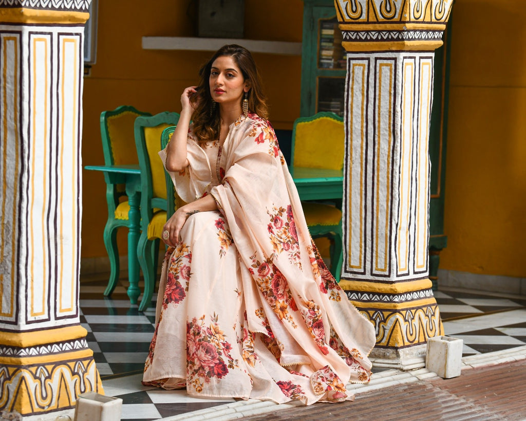 Beige Chanderi Floral Print Lehenga
