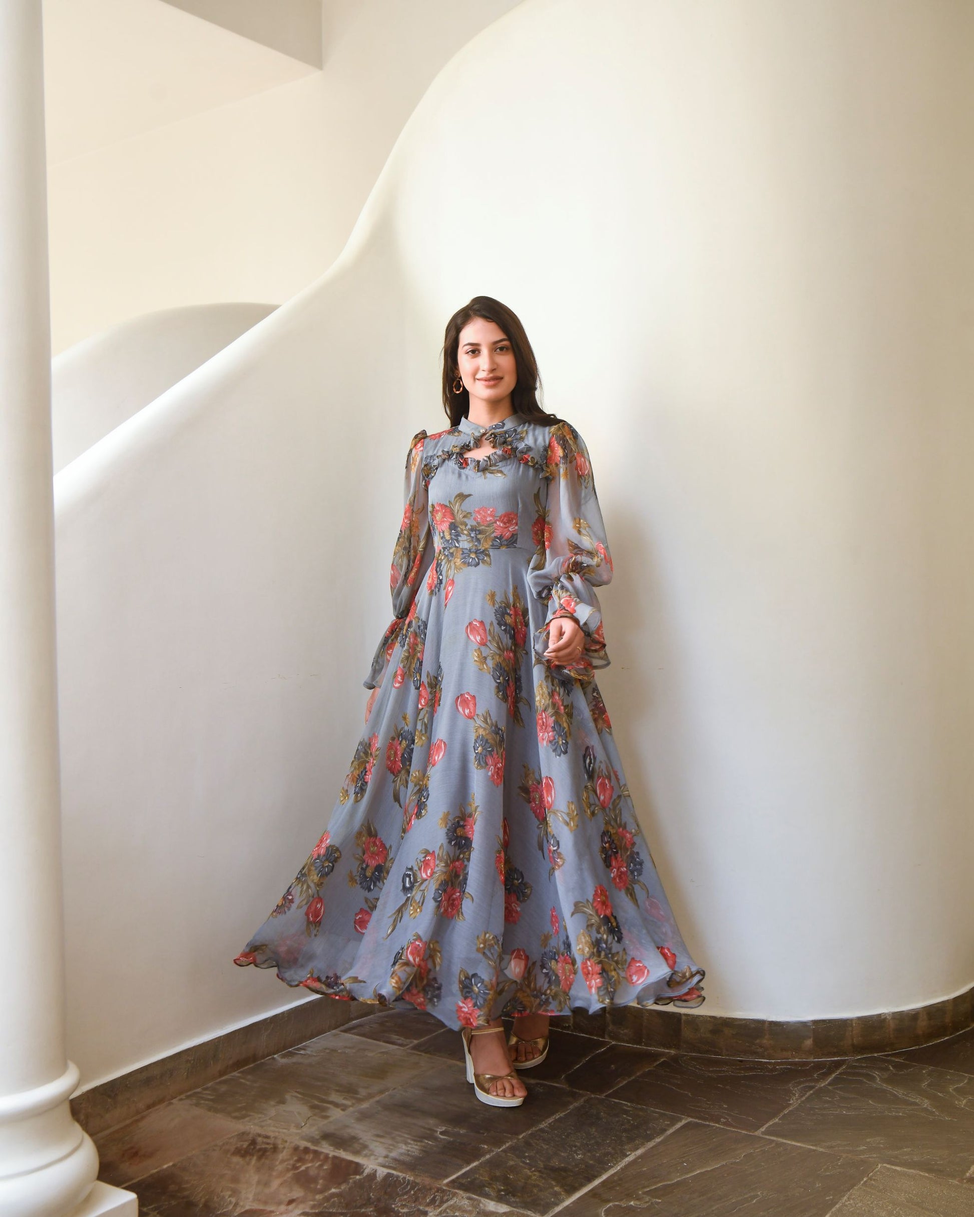 Grey Chiffon Printed Dress