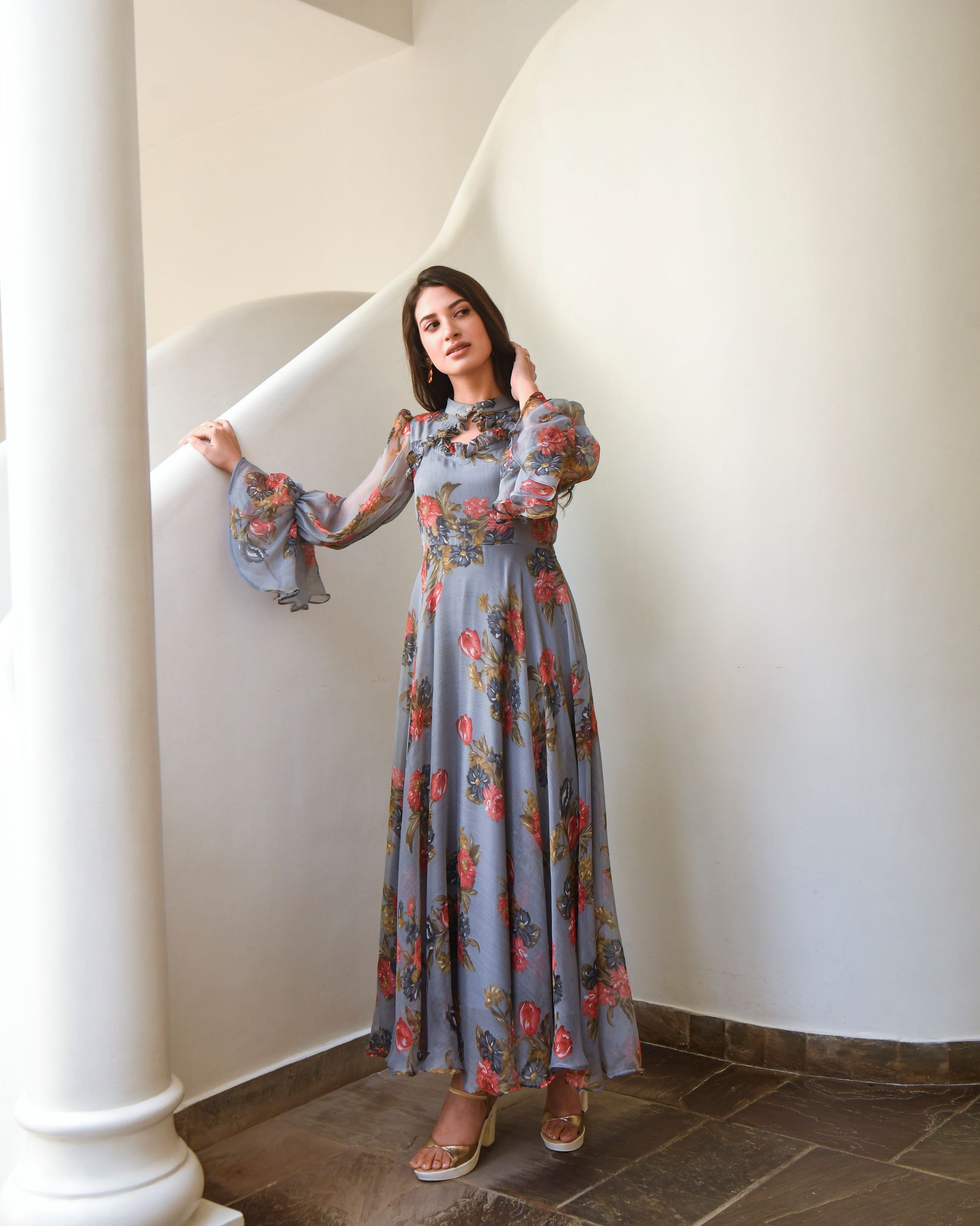Grey Chiffon Printed Dress