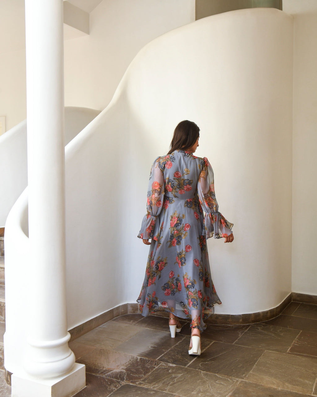 Grey Chiffon Printed Dress