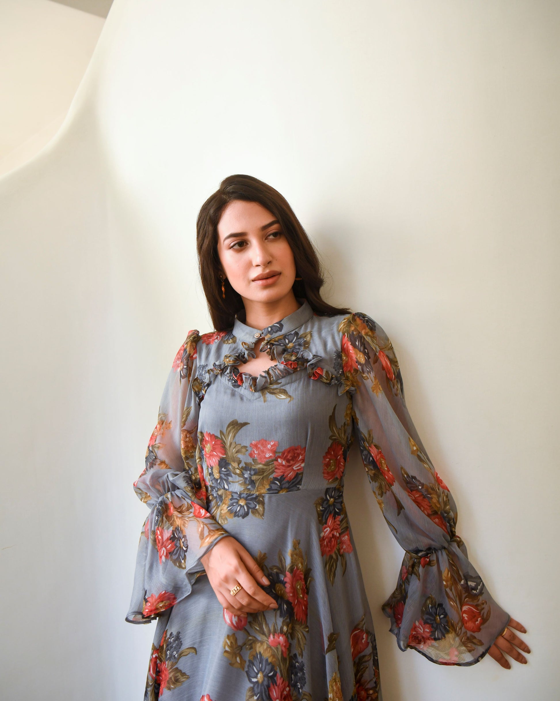 Grey Chiffon Printed Dress
